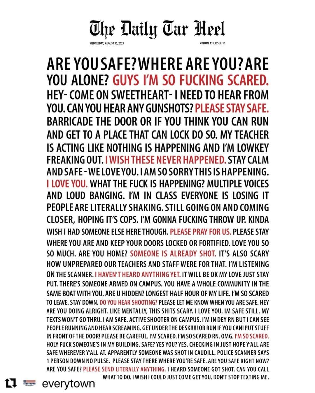 ジュリアン・ムーアのインスタグラム：「These are the texts sent and received by UNC students during the lockdown when a professor was shot and killed. Our children are not safe on college campuses.   #Repost @everytown with @use.repost ・・・ Young people in America are expected to be braver than the lawmakers who continuously fail them.⁠ ⁠ Guns are the #1 killer of children, teens, and young adults in the US. This generation has been forced to grow up amidst a gun violence crisis while lawmakers ignore their pleas for action & gun makers line their pockets. We cannot and will not accept it.」