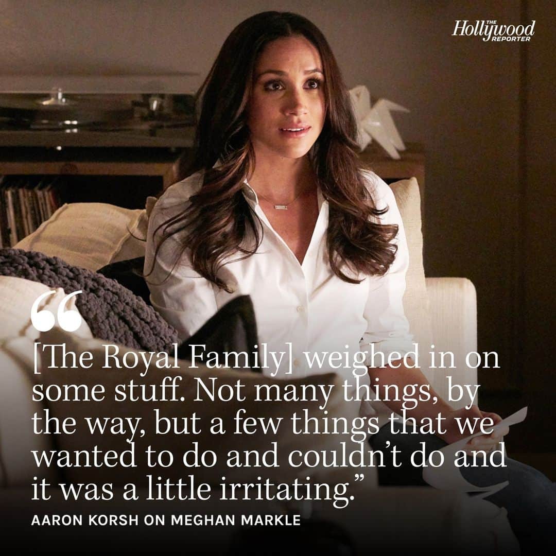 ハリウッド・リポーターのインスタグラム：「'Suits' boss Aaron Korsh is opening up about his experience with #MeghanMarkle being a part of his core cast. "As a nod to my in-laws, we were going to have [Meghan Markle] say, 'My family would say poppycock,' Korsh says. "And the Royal Family did not want her saying the word. They didn’t want to put the word “poppycock” in her mouth." For the show creator's full interview, click the link in bio.」
