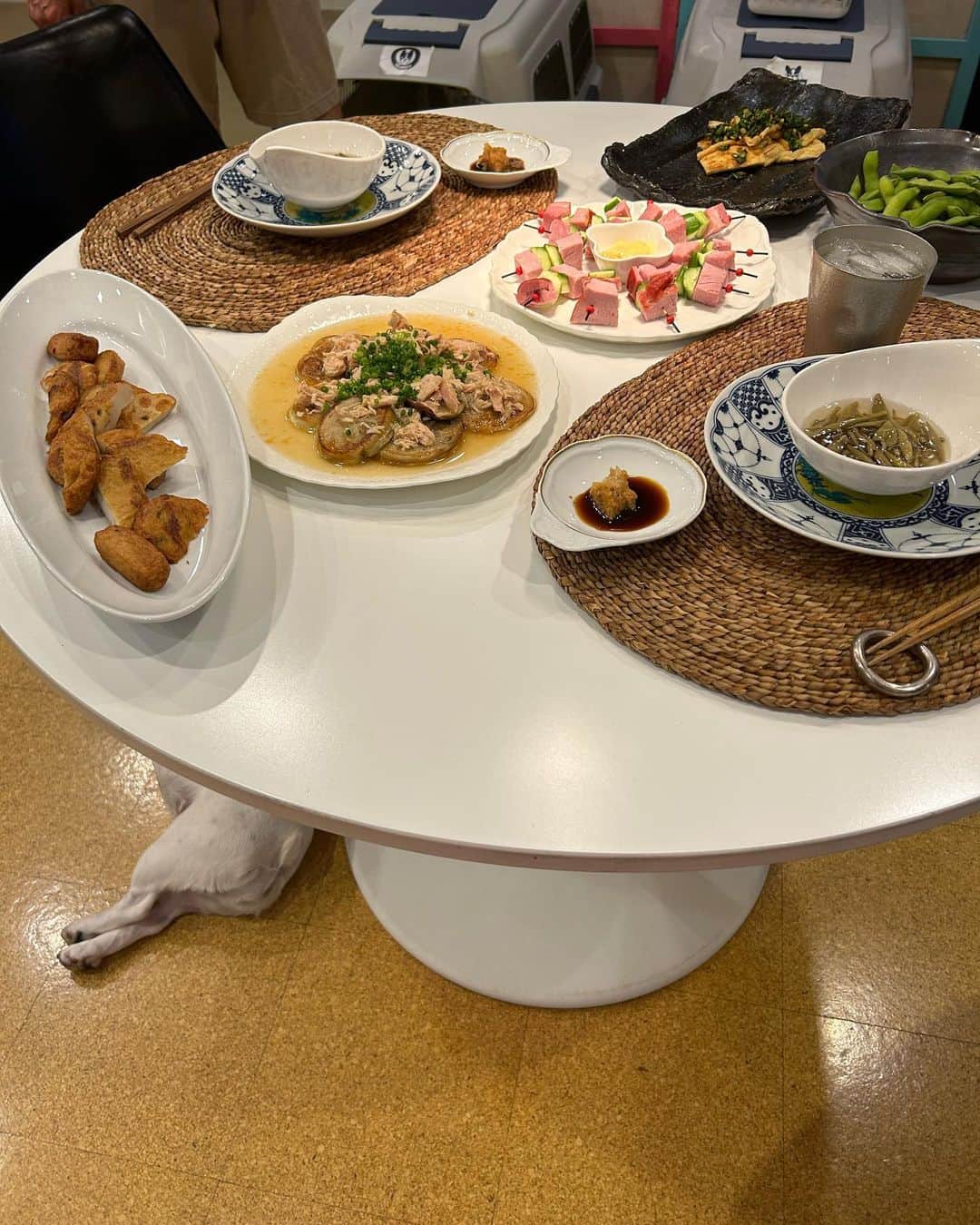 安藤優子さんのインスタグラム写真 - (安藤優子Instagram)「巨大ハムについて❣️  おはようです。  リンです。  今朝ンポからの絶賛お腹冷やしちゅうにて、昨日のテーブルの下から報告しておくね。  昨日はね、おかーさんが食べるのを楽しみに楽しみにしていた巨大ハムが登場したよ。  でね、どうやって食べるか、すんごい悩んでいた。  少し切って味見というつまみ食いしながらね。（笑）  ホントはどかーんと、暑切りハムステーキにしようかと思ったらしいんだけど、そのままがあまりにもおいしかったから(味見の結果ね)、そのまま切ってきゅうりとピックに刺して盛りつけていたよ。  なんかオママゴトみたいで楽しいって言ってた。  そのほかはね、白茄子のステーキにつツナソースをのせたもの。  じゅんさい。  残っていたニラソースをカリッと焼いた油あげにかけたもの。  いただいた鹿児島の厚揚げ。  それに枝豆。  とりとめのないメニューだけど、おいしかったって。  もちろんアタシにはハムのカケラも落ちてこなかったケドね。（笑）  さっ、これから足洗ってご飯だよー。  そうだ！本日おかーさんが「キッチンで話そ！」を夕方遅くなるけどアップします！って言ってた。  みなさん！本日もよろしくお願いいたします！  by リンゴ。  #巨大ハムの食べ方  #フレンチブルドッグ #安藤優子」8月31日 7時22分 - yukoando0203