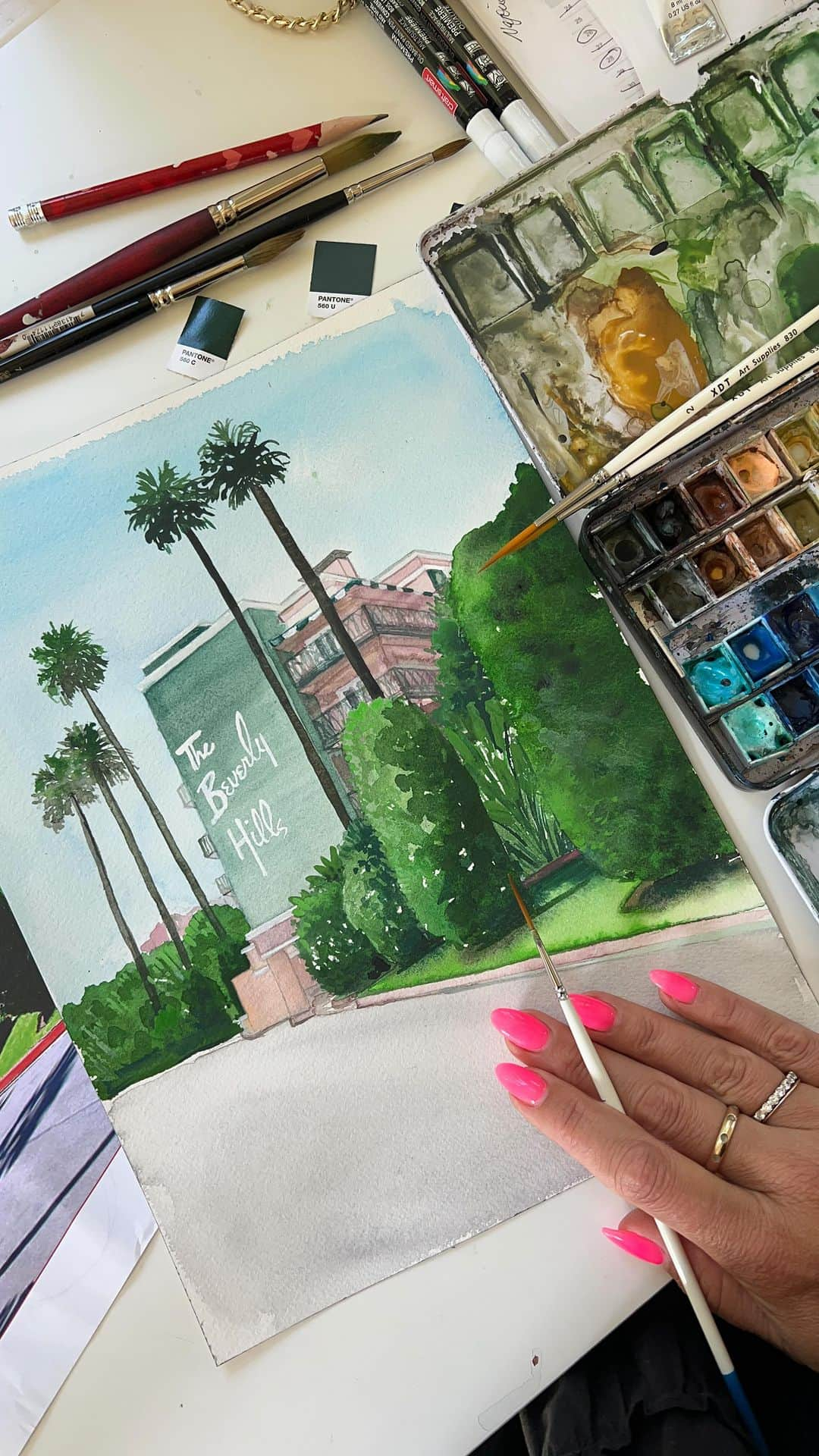 Ceci Johnsonのインスタグラム：「Last call for summer 🌴  The season maybe ending this weekend (also how?!) but being wedding professionals we are always designing for all seasons and months of the year, all the time. Working on a #savethedate detail for an upcoming event  with @victoriadubinevents and if you ask us, the @bevhillshotel is chic year-round.   What are your plans for the weekend? Or better yet, who’s one weekend closer to their fall wedding?!   Custom watercolor @cecijohnson   #customwatercolor  #watercolorartist  #watercolorart  #savethedates  #custoncouture  #custominvitations  #cecinewyork」