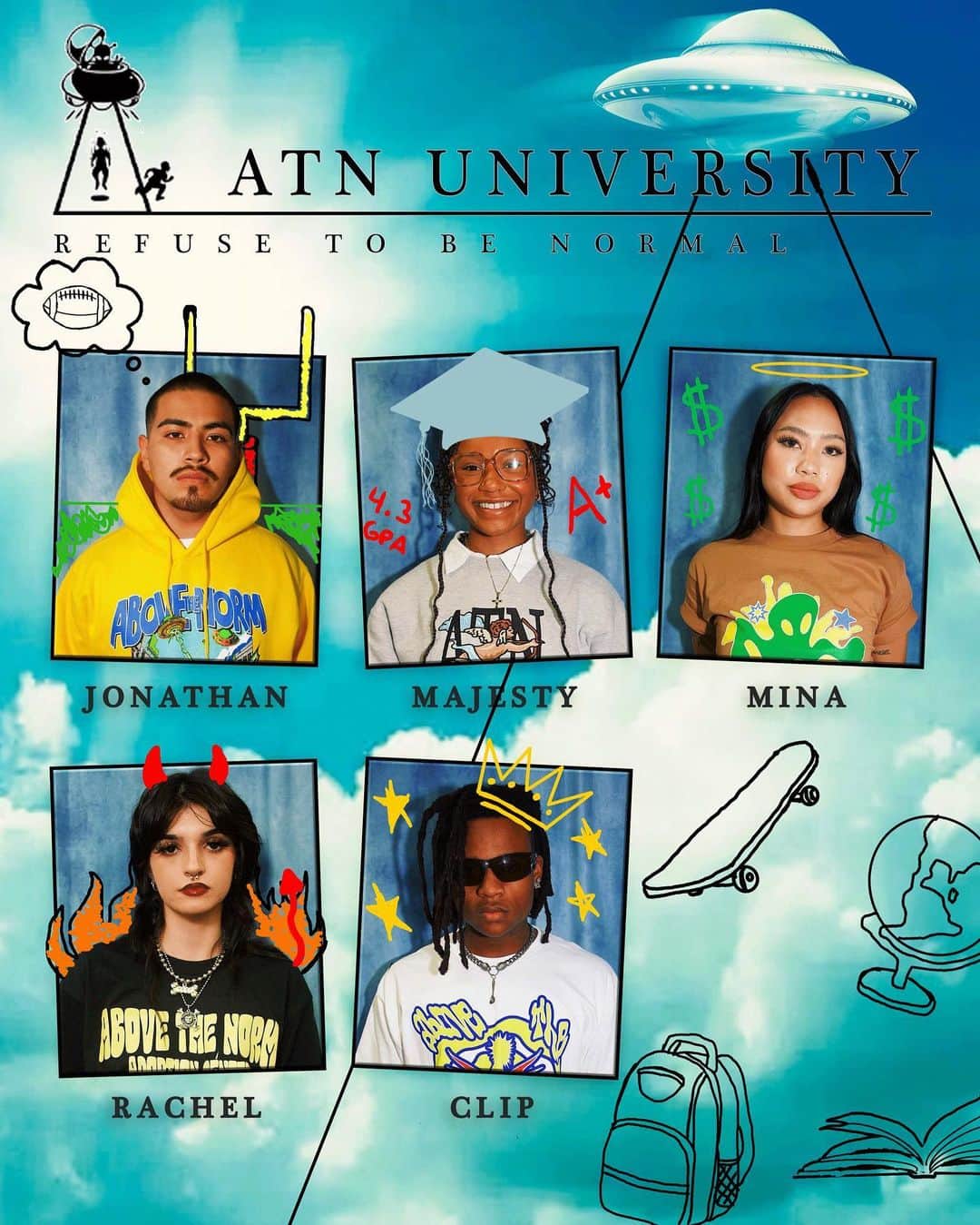 zumiezのインスタグラム：「Introducing The “ATN UNIVERSITY” Official Lookbook & Capsule OUT NOW📚🎓🏫  The full lookbook & capsule are now available for viewing & purchase via our website showcasing 5 unique garments that will add an A+ to styling any wardrobe. 😎✅  Make sure you hop online or hit a @zumiez location near you soon and ask them about ATN 🛸  Creative Direction/Stylist: @africanthunder Models: @pumponjon @majestyydolll @kill444mina @sunflowaaz @2900clip  Photo: @fatjesus562  Stylist Assistant: @lili.mae GFX: @trvs_bkr + @africanthunder」