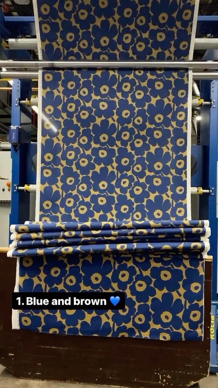 マリメッコのインスタグラム：「👋 Greetings from the Marimekko printing factory!   FW23 is around the corner. But first, we want to know what your favorite Unikko colorway was.  💙🖤🤍 or 💛? Drop the heart below!」