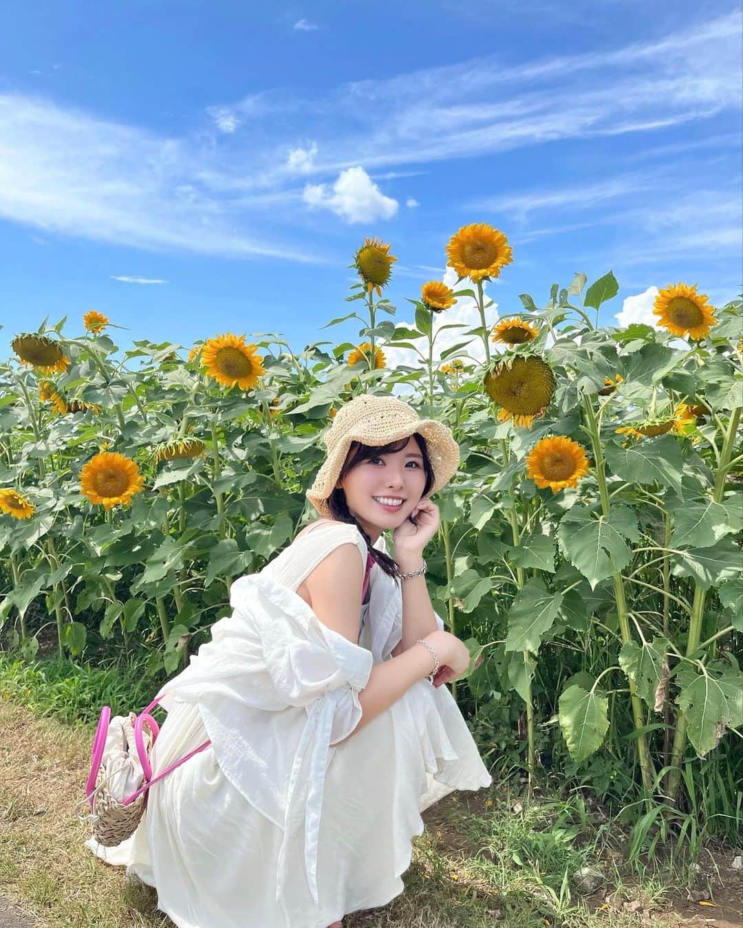 YOUKORINのインスタグラム：「ひまわり🌻 夏休み感つよい カンガルーは強そうでした🦘  #ひまわり#🌻#ひまわり畑#ソレイユの丘#ソレイユの丘ひまわり#夏休み#動物園#白ワンピース#横須賀#横須賀観光」