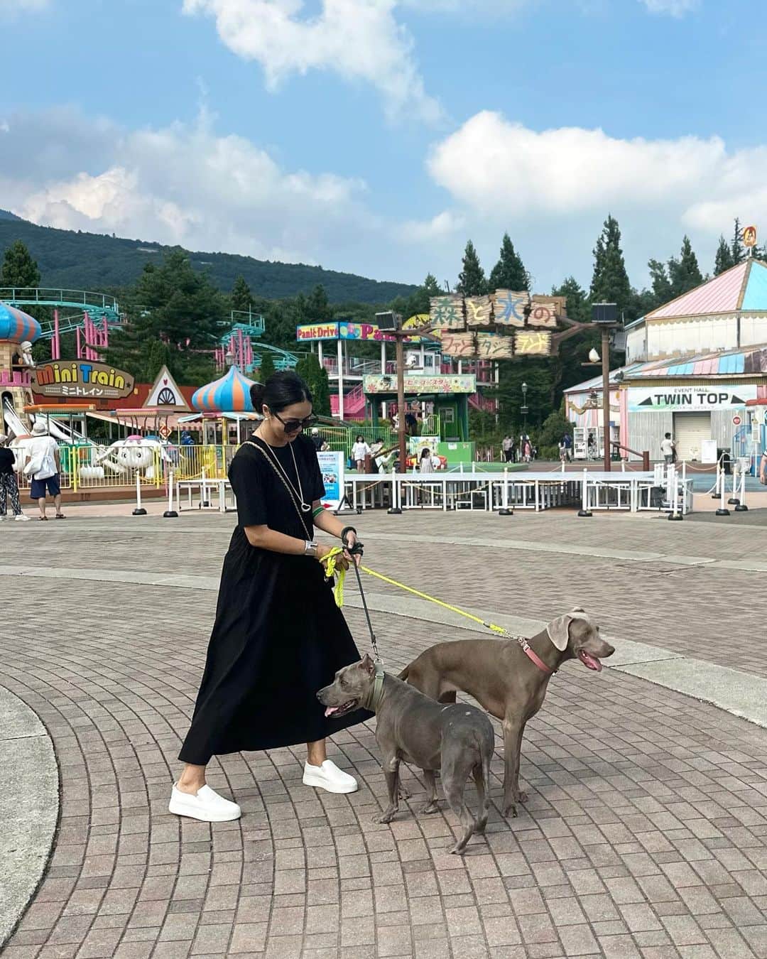 鈴木六夏さんのインスタグラム写真 - (鈴木六夏Instagram)「那須高原に行ってきました！ 途中、犬たちと一緒に遊べる遊園地に😆  犬連れの旅行の場合、 途中どこかに寄りたくても、犬OKじゃないと入れないのでここは助かりました👍🏼  旅初日はエブリデイドレス黒。 ・長時間ドライブでもシワなし ・犬にあげるお水がはねても全然OK ・水が飛ぶジェットコースターに乗ってもバッチリw。 ・メリーゴーランドもまたげますw。  New EVERYDAY DRESS 9/1 発売♡」8月31日 15時28分 - rikuka.62