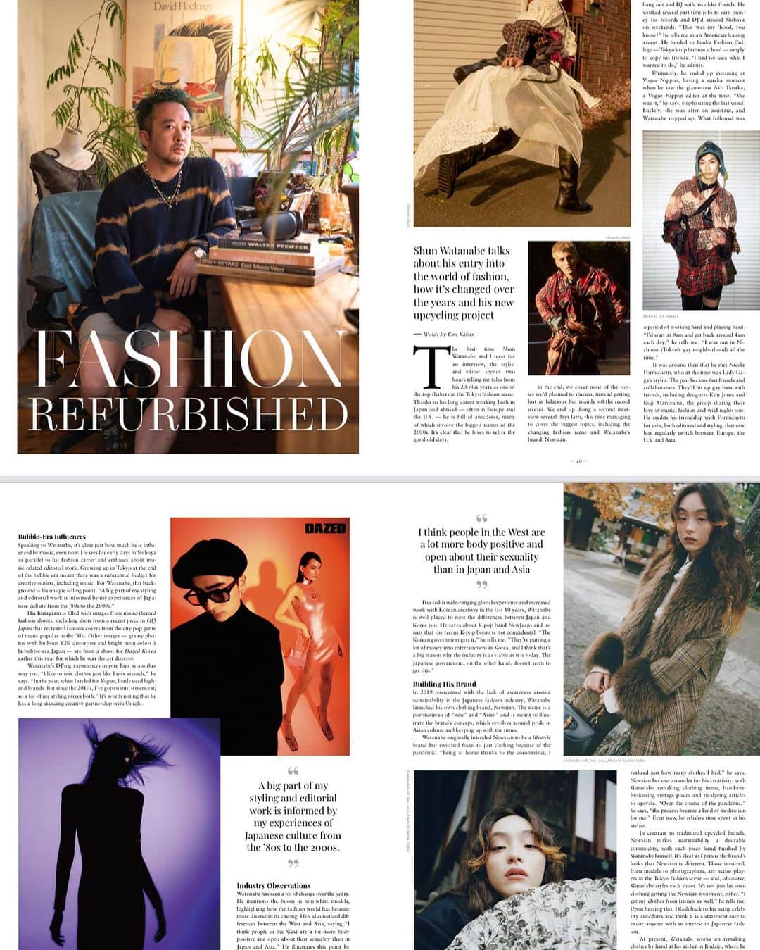 Shun Watanabeのインスタグラム：「My first editorial shoot as a stylist was in the summer of 2003, for @commonsandsense_magazine the legend photographer was Kishin Shinoyama, and we shot a Japanese song (Rouge no Dengon by Yuming), a brand and a model (Kae-chan! How are you?) From that time on, I loved shooting situations and setting up characters. It's been 20 years now, but what I love most is creating fashion stories.  The summer of my 20th year as a stylist has been hotter than ever, so hot that it feels like the latitude of Japan has changed, but I am still thankful to be able to shoot as many fashion stories as ever with old friends and new friends. I was also interviewed by @tokyoweekender a magazine that has been around since the 1970's. You can read the interview online x   スタイリストを始めて最初のeditorialの撮影は2003年の夏だった。22歳の夏！commons&senseの撮影でフォトグラファーは篠山紀信さんで日本の歌謡曲一曲(ユーミンのルージュの伝言)とブランドとモデル(カエちゃん！元気かな？) を自分で選んでの1カットというのが僕のスタイリストでのエディトリアルデビューだった。その時からシチュエーションやキャラクターを設定していく撮影が好きだった。もう20年もたったけどやっぱり一番好きなのはファッションストーリーを作ることだ。スタイリスト20年目の夏はその頃よりずっと暑く、日本の緯度も変わってしまったようなくらいの猛暑だったけど、相変わらず沢山のファッションストーリーを昔からの友達や新しい仲間と共に撮影できていることに感謝している。 20周年ついでにTokyo Weekenderいう1970年代からやっている媒体で僕のインタビューもしてもらいました。onlineでも読めます。」