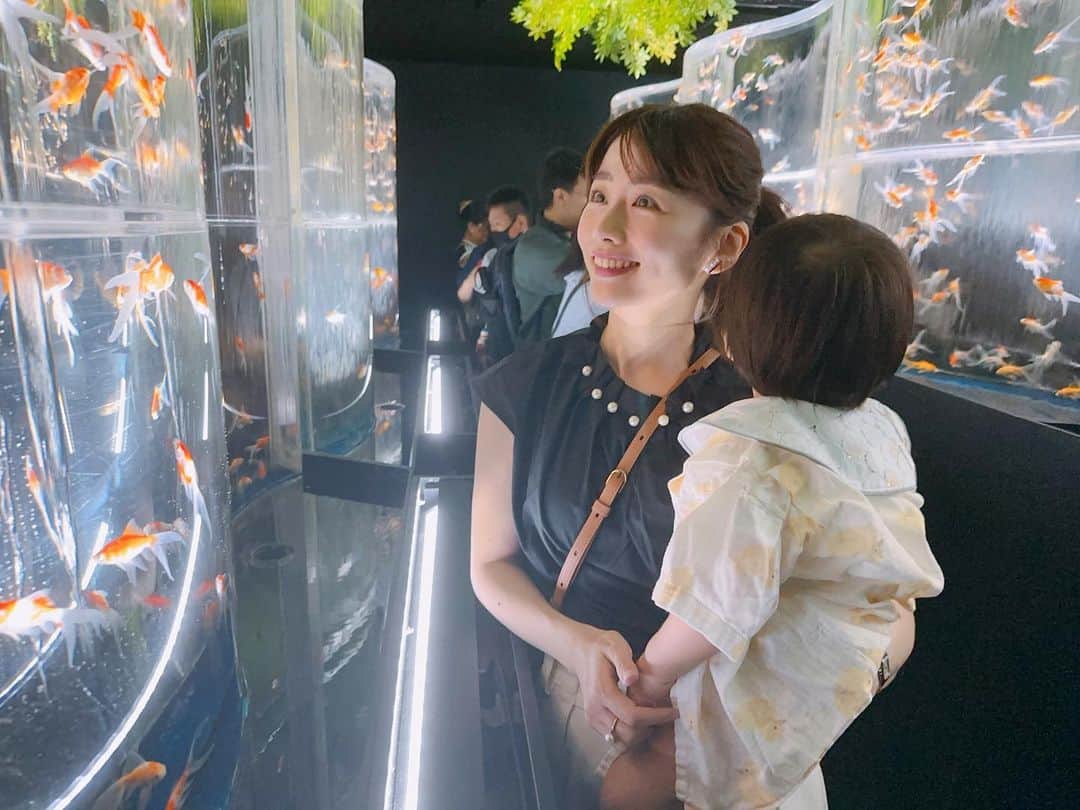 伊藤京子のインスタグラム：「. ブルーナ絵本展に行った日にアートアクアリウムにも行ってきました✨  園の夏祭りでもらった金魚の玩具を気に入っている息子に、本物の金魚を見せたくて。🤭  金魚をじーっと見る姿や、帰宅してからももう一度見たいとアピールする息子を見ると一緒に金魚を見られて良かったなぁと。  茹だるような暑さが続いていますが、涼しい館内で軽やかに優雅に泳ぐ金魚に癒されました🌿」