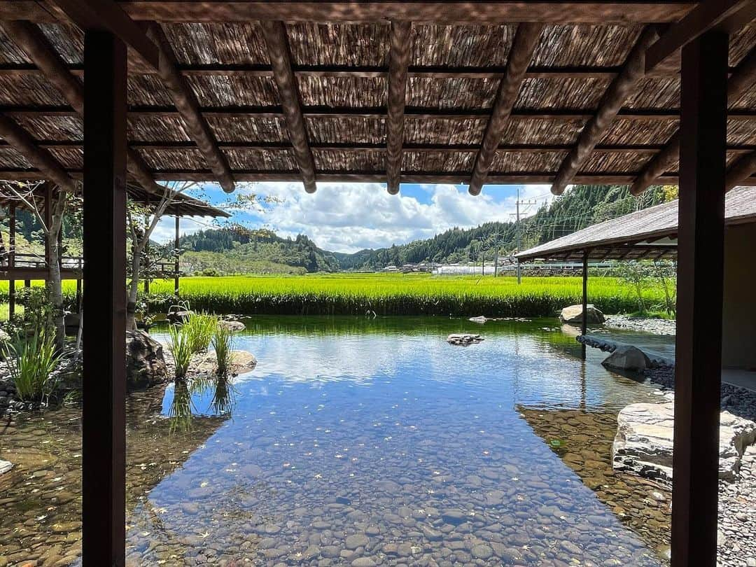 大田由香梨さんのインスタグラム写真 - (大田由香梨Instagram)「そうです。 ここは天国です🌾🕊(笑)  熊本県小国町で、三世代に渡り林業を営む穴井さん　@shunsuke_anai  @anaiwood  が、今年作り上げた美しい建物  @kissa_takenokuma   1年前にここに訪れた時に、完成したら必ず参りますと約束をしており、ちょうど一年後。この場所へ戻ってくることができました。  長い時間をかけて。 愛されることを約束されたこの空間。  建物でありながら、風土と文化と景観、技術、在り方さえも守りたいと思わせてくれる、力強さと奥ゆかしさは、本当に圧巻でございます。  私たちがこの世界から消えたとしても、続く物語。  なんて美しいのでしょう🕊  日本を旅をしていると森の奥深くまで綺麗に植えられた「杉」の多さにびっくりします。  最近では、間伐材や花粉という言葉で、杉の木が登場することが多いですが、  先人の方々が「豊かな未来」を信じて、努力を重ねて植た杉の木が作り出す景色。  信じきれなかったのは何故なのでしょうか？  穴井さんは先人の願いをしっかりと受け取り。豊かな世界を作り出しています。  お祖父様が植えた杉の木を倒し。そして未来のためにまた植える。  木材の乾燥は地熱で行い、 美しい建物はもちろんのこと、屋根の裏には杉の皮。枝は精油となり、粕は農地の肥料に。  小国の杉は、愛されており。  愛すれば全てが輝き宝となる🤲🏻  とても豊かな時間でした🕊  穴井さん、改めておめでとうございます。また、ゆっくりと🍵  @daichi_1127  @yamaguchi_senna  @koheimatsuda1980」8月31日 19時11分 - otayukari