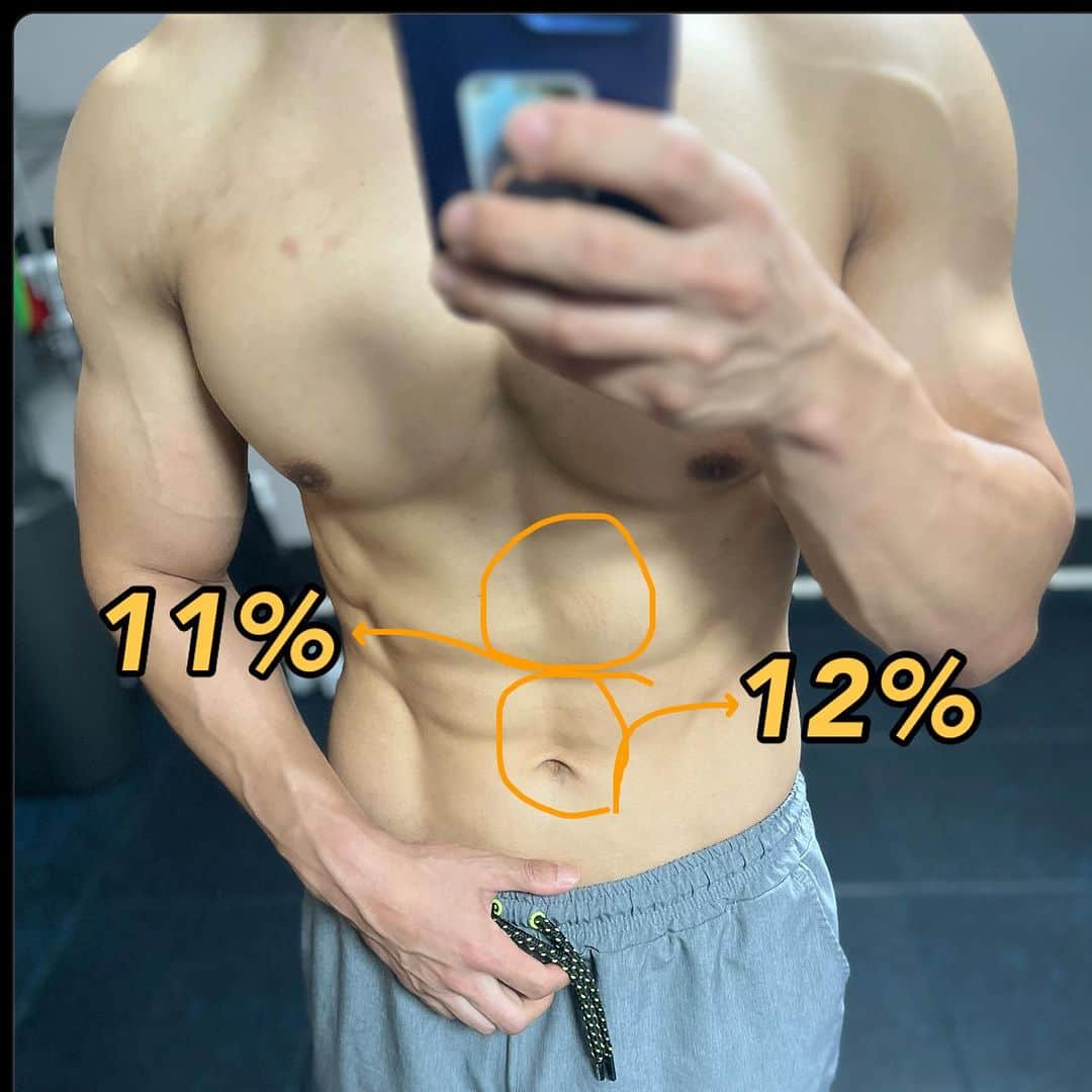 吉岡世起のインスタグラム：「1週間真面目にやったら体脂肪率13%→11%台へ  光の関係で見にくいけど、腹筋の血管で体脂肪率が分かる様になった  中段が見えたら12%台  上段が見えたら11%台  やっぱり体脂肪落とすのに重要なことは"カロリー収支"だね #ボディメイク #ダイエット #体脂肪 #筋トレ #パーソナルトレーニング」