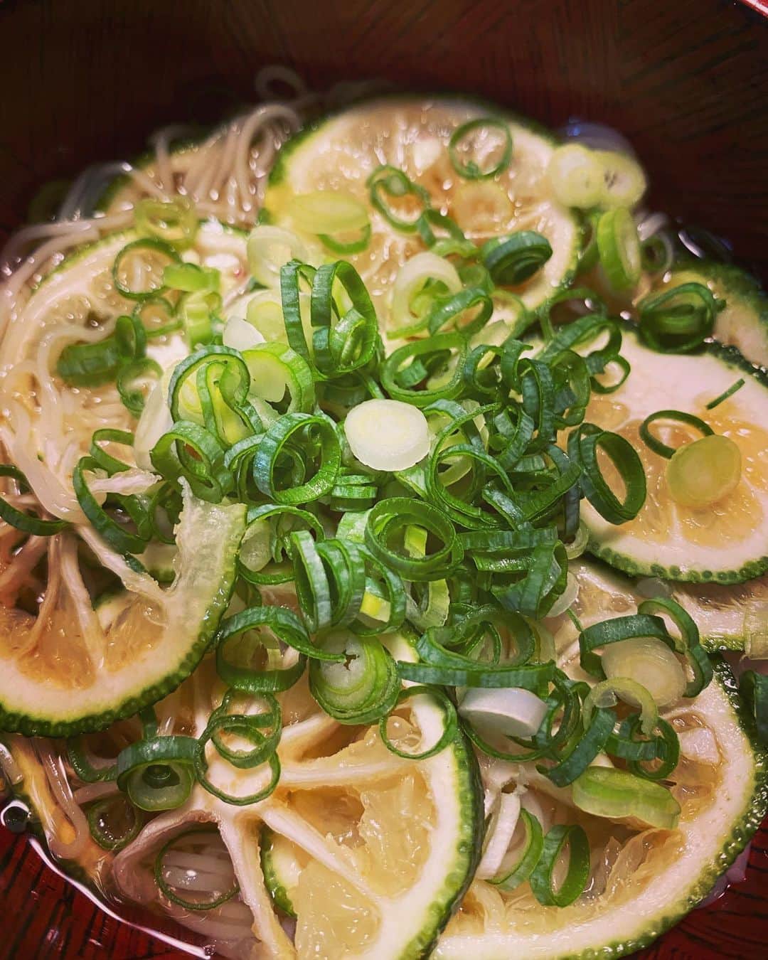 野本かりあのインスタグラム：「すだち蕎麦ならぬ、柚子素麺。 師匠に教わり、初めて食べた。 とっても美味しかった❣️」