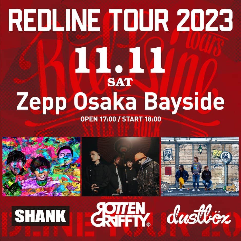 SHANKのインスタグラム：「【LIVE】  "REDLINE TOUR 2023" 出演決定！  2023/11/11(土) 大阪 Zepp Osaka Bayside w/ dustbox, ROTTENGRAFFTY  [オフィシャル最終先行] 受付期間8/31(木)12:00~9/10(日)23:59 受付URL：w.pia.jp/t/redlinetour2023/  #SHANK #SHANK095 #SHANK095JPN」