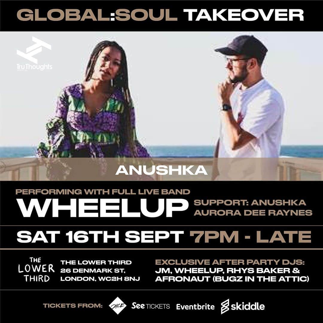 アヌーシュカのインスタグラム：「All roads lead to @lowerthirdsoho Saturday 16th September, we are sooo blessed to be joining the bro @djwheelup for some musical goodness! Looking forward to sharing some new music with you all and catching some vibes!!! We are bringing a special guest with us too 👀👀⛽️⛽️   @auroradeeraynes @y__rhys @afr0gram @globalsoulradio 💜💜💜」