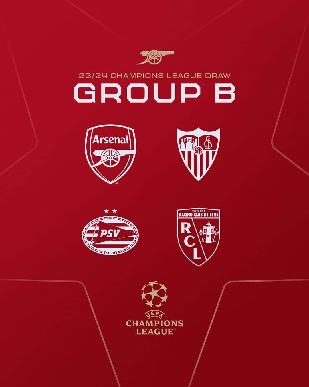 アーセナルFCさんのインスタグラム写真 - (アーセナルFCInstagram)「Our 2023/24 Champions League group 🤩  We have been drawn alongside Sevilla, PSV Eindhoven and Lens in the group stage of this season's Champions League.  The draw took place in Monaco this evening, and we found ourselves included in Group B alongside the three other sides.  Sevilla won last season’s Europa League for a record seventh time to qualify for the group stages, whom we last faced in the 2007/08 edition of the competition when we recorded a 3-0 home win before losing 3-1 in Spain.  We will return to Eindhoven for the second-straight season having been drawn alongside PSV in the Europa League last term, winning 1-0 at Emirates Stadium before losing 2-0 away from home. The Dutch side qualified via the play-off round, eliminating Rangers 7-2 on aggregate. We have faced each other eight times before, with us winning three and drawing two of those games.  Ligue 1 runners-up Lens were our first-ever opponent in the Champions League in the 1998/99 season, when we drew 1-1 in France but lost 1-0 at Wembley. We did though beat them home and away the following season in the UEFA Cup.  Fixtures for the group stage will be announced in due course.」9月1日 2時00分 - arsenal