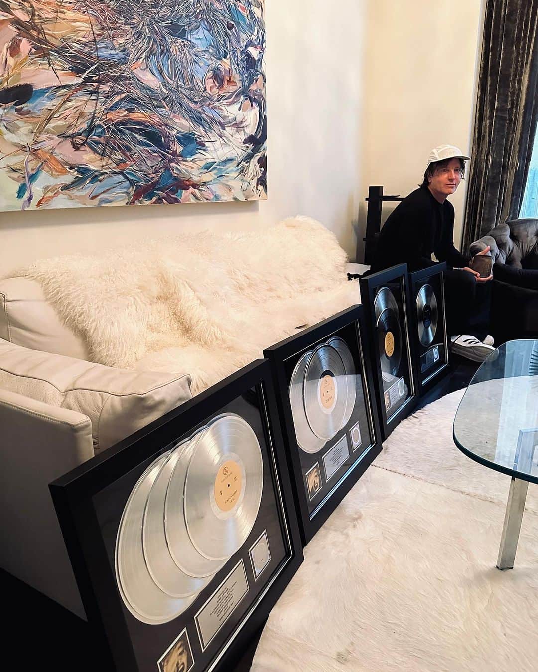 のインスタグラム：「Look at all this shiny stuff that just showed up. It appears a bunch of these songs just went platinum again. Looking forward to tacking these up in my bathroom.」