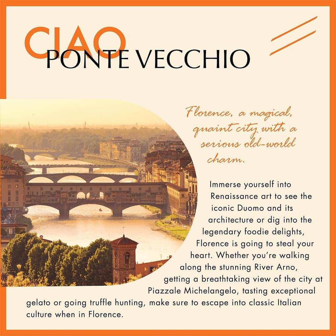 Mionetto USAさんのインスタグラム写真 - (Mionetto USAInstagram)「MIONETTO TRAVEL GUIDE 🧡🍾  BENVENUTI TO FLORENCE.  Viaggiatori, we’ve arrived to the famous, Florence, a magical city with old-world charm! From Renaissance art to iconic architecture, get ready to tour around Florence with Mionetto Prosecco! 🧡  Get ready to dig into legendary foodie delights, breathtaking views of the city at Piazzale Michelangelo all while capturing the most bellissime #MioDolceFarNiente moments with Mionetto's Travel Guide, the ultimate companion for your viaggio Italiano! So, with your passport in hand and the Mio orange suitcase packed, enjoy Florence, a true escape into classic Italian culture.   Don't forget to save and share our Florence Travel Guide with your amici e famiglia for their next unforgettable journey to Firenze.   #MionettoTravelGuide #Mionetto #Travel #Prosecco  #Vacation #Florence #MionettoProsecco #TravelToItaly  Mionetto Prosecco material is intended for individuals of legal drinking age. Share Mionetto content responsibly with those who are 21+ in your respective country. Enjoy Mionetto Prosecco Responsibly.」9月1日 4時00分 - mionettoproseccousa