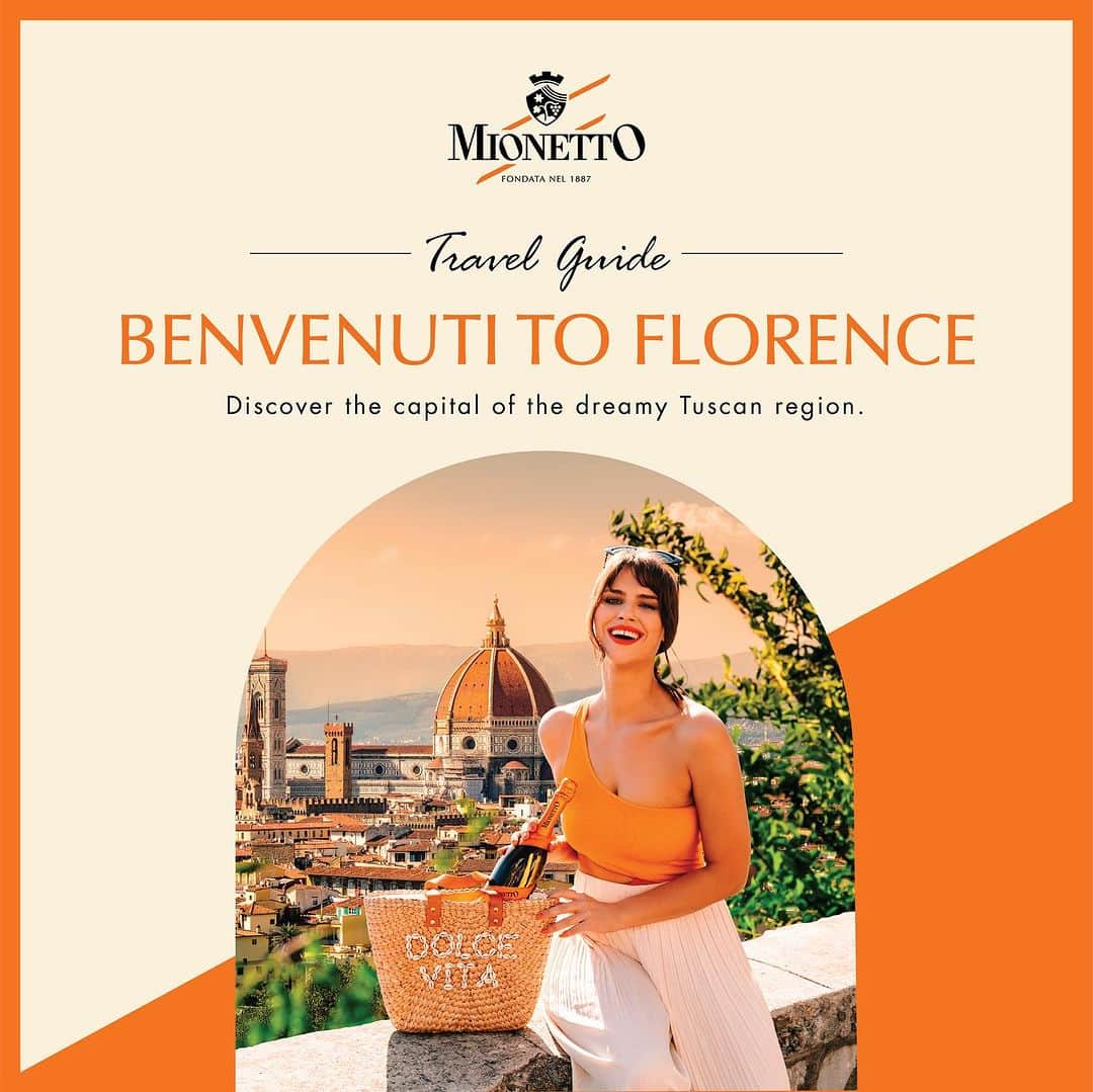 Mionetto USAのインスタグラム：「MIONETTO TRAVEL GUIDE 🧡🍾  BENVENUTI TO FLORENCE.  Viaggiatori, we’ve arrived to the famous, Florence, a magical city with old-world charm! From Renaissance art to iconic architecture, get ready to tour around Florence with Mionetto Prosecco! 🧡  Get ready to dig into legendary foodie delights, breathtaking views of the city at Piazzale Michelangelo all while capturing the most bellissime #MioDolceFarNiente moments with Mionetto's Travel Guide, the ultimate companion for your viaggio Italiano! So, with your passport in hand and the Mio orange suitcase packed, enjoy Florence, a true escape into classic Italian culture.   Don't forget to save and share our Florence Travel Guide with your amici e famiglia for their next unforgettable journey to Firenze.   #MionettoTravelGuide #Mionetto #Travel #Prosecco  #Vacation #Florence #MionettoProsecco #TravelToItaly  Mionetto Prosecco material is intended for individuals of legal drinking age. Share Mionetto content responsibly with those who are 21+ in your respective country. Enjoy Mionetto Prosecco Responsibly.」