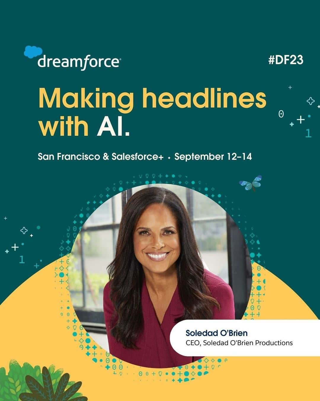 Salesforce のインスタグラム：「🗞️🗞️ AI, AI! Stream all about it! Tune in to #DF23 with award-winning journalist and documentarian @SoledadOBrien. Don't miss eye-opening discussions with industry leaders on the frontlines of the AI revolution. Link in bio.」