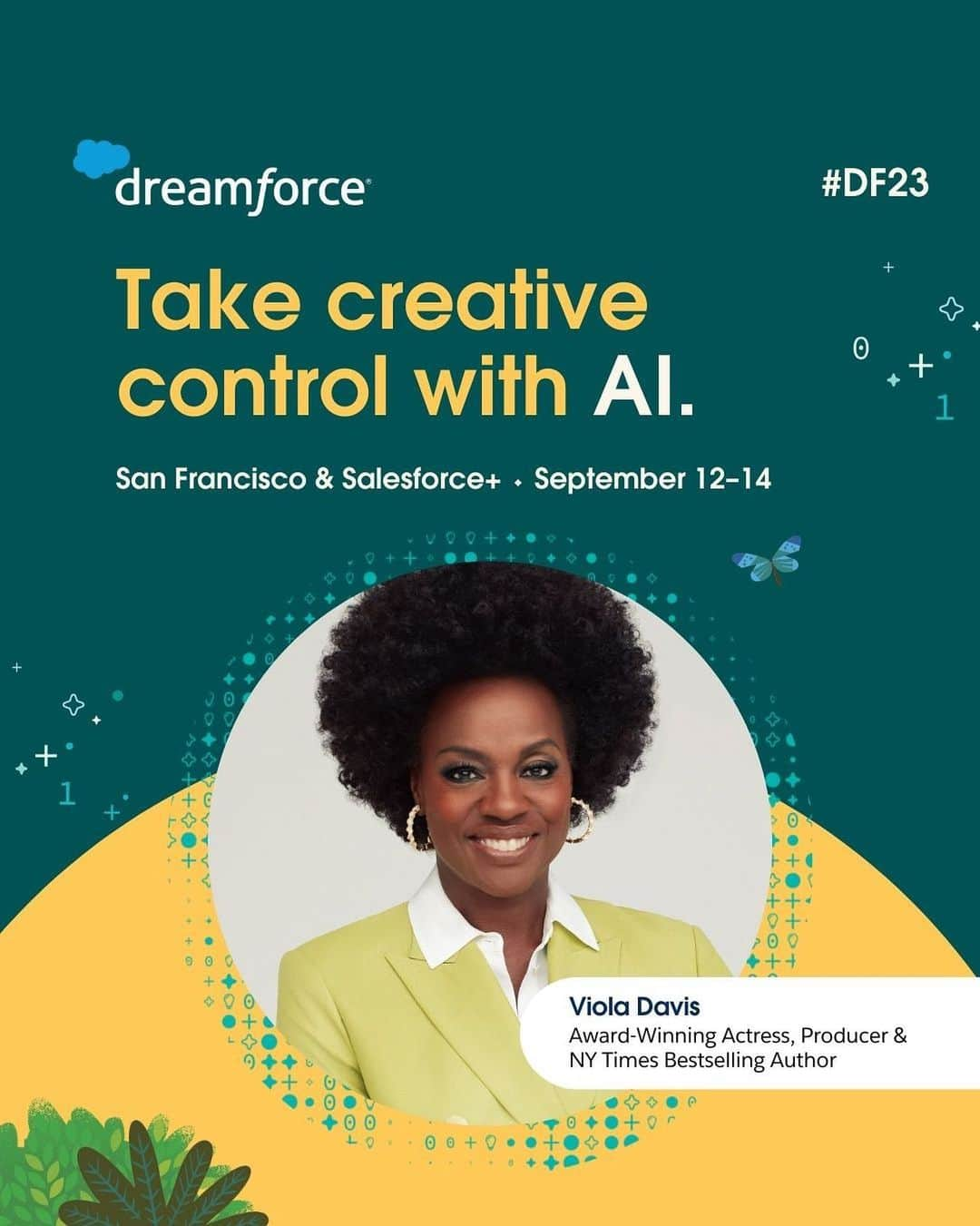 Salesforce のインスタグラム：「🎬 Lights, camera, AI. 🤖  As AI disrupts entertainment, the battle over originality and what defines ownership will impact us all.  Join @ViolaDavis at #DF23 for a thoughtful discussion on the importance of advocacy in ensuring AI benefits everyone. Register at the link in bio.」