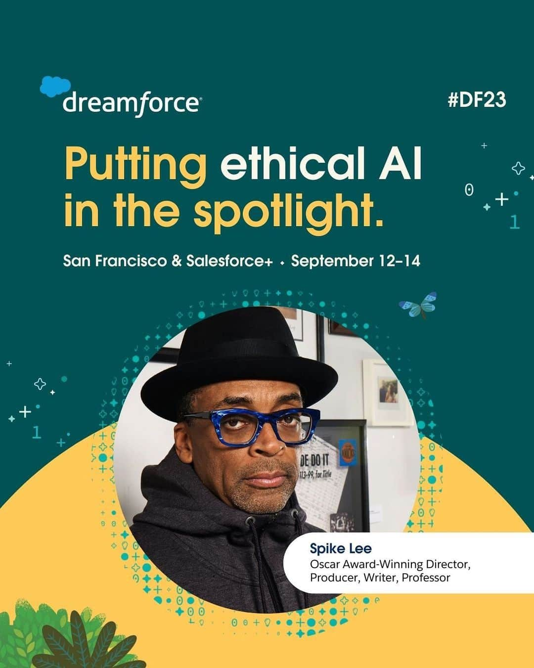 Salesforce のインスタグラム：「AI. It's the talk of the town, from Silicon Valley to Hollywood.  🤔The billion-dollar question: How do we ensure it's used fairly for all?  Get in on the convo with @OfficialSpikeLee as he advocates for ethical AI in the entertainment industry at #DF23. Link in bio.」