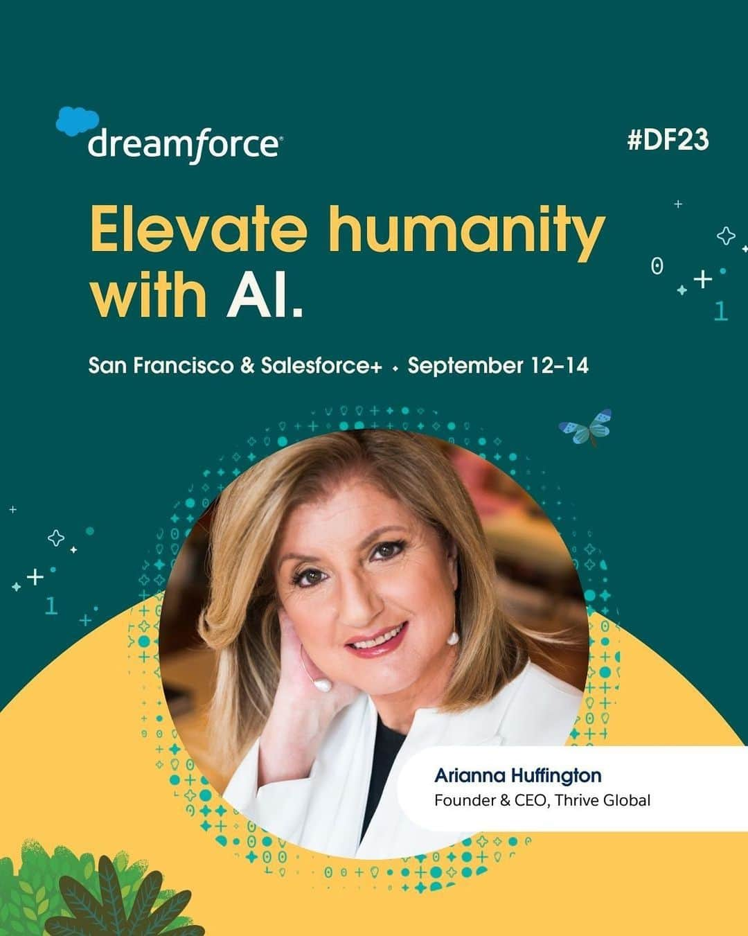 Salesforce のインスタグラム：「The Age of AI has arrived. And for @AriannaHuff, AI isn't just for work. It's for wisdom. Explore how we can use AI to deepen and expand our human values at #DF23. Register at the link in bio.」