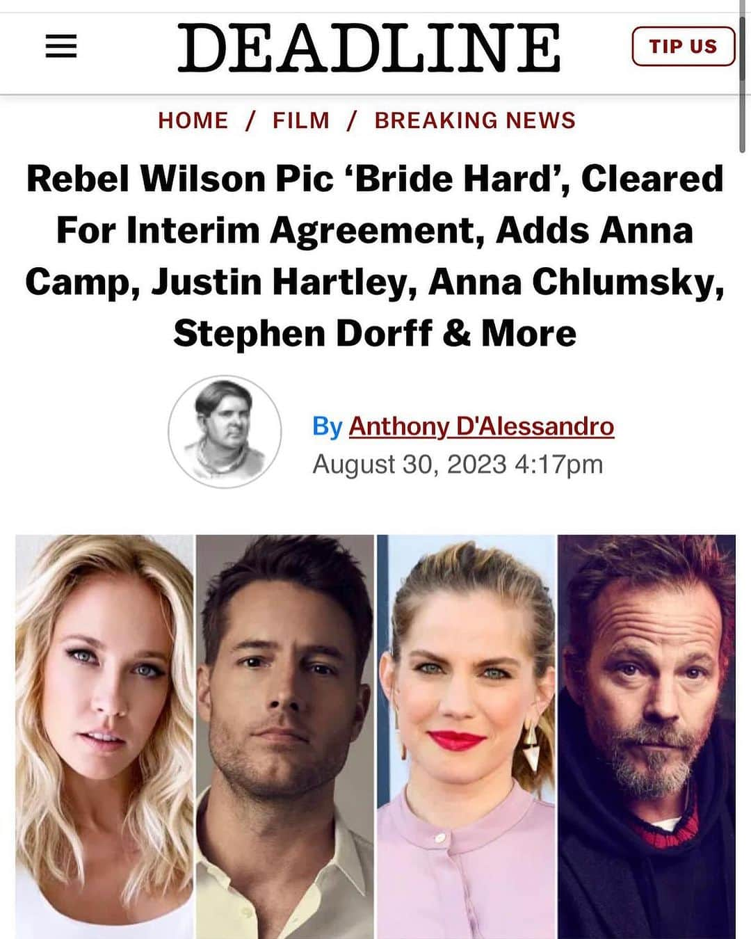 アンナ・キャンプのインスタグラム：「We BRIDED SO HARD💥Thanks to @sagaftra #interimagreement and I’m so grateful 💘 What an exceptional cast including my fellow Bella 4 life @rebelwilson @justinhartley @actuallystephendorff @gigizumbado @davinejoy #annachlumsky @shrrycola @samhuntington 💥 @simonwestproductions crushed it 📽️」