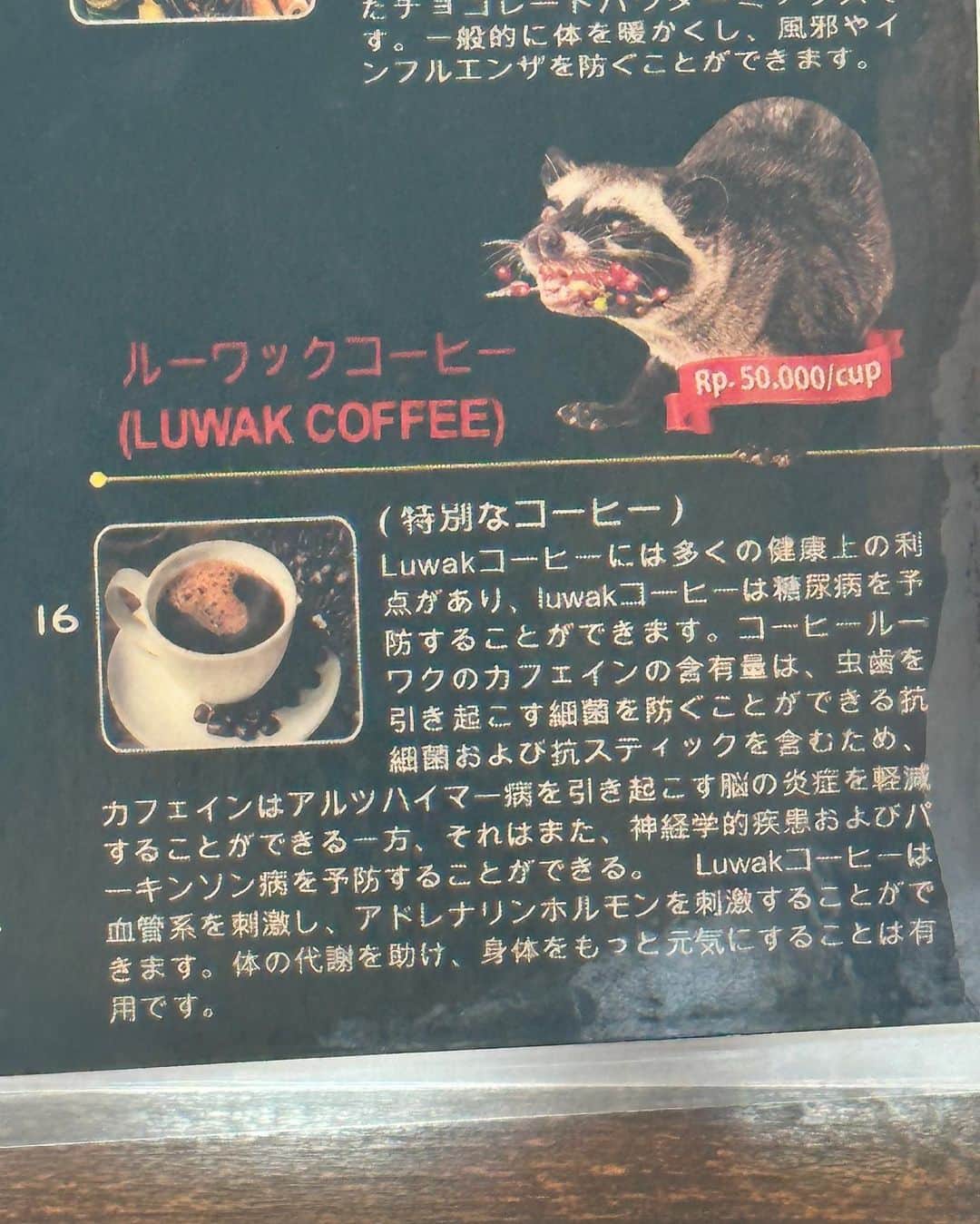 上原歩さんのインスタグラム写真 - (上原歩Instagram)「☕️🌴🌺  世界でいちばん高級と言われるコーヒーをご存知でしょうか  バリはその世界一と言われるコーヒーの名産地でもあり このおばあちゃまがその🫘を炒っております  そのコーヒーとはLUWAK Coffee  ルーワックはジャコウ猫🐈 ルーワックコーヒーはジャコウ猫の💩写真3枚目  かなりびっくり仰天なのですが もちろん全く匂いなんてありませんし、とってもまろやで美味しい☕︎🧡  他で飲むと数千円とも言われる高級コーヒーですが こちらで飲むと500円 東京価格でいうとむしろお安め コーヒー好きの方 一度お試しいただく価値ありです。  こちらのfarmではコーヒー以外にたくさんの紅茶も揃っています  ルーワックコーヒーを頼むと 写真5枚目の飲み物が付いてきて飲み放題。ブラボー  私はルーワックコーヒー200gと （これで7600円🥶ふるえながら買いました） 普通のコーヒー、マンゴスチンピールの紅茶を購入しました。 マンゴスチンピールはお肌に良いそうで1番人気 えらく日焼けしたのでこれからお世話になります🫖  コーヒーloverとして ルーワックコーヒーが経験できて とっても嬉しい。 おばあちゃまはずっとにこにこで 最後も振り返ったら手を振ってくれました。幸  世界にはまだまだはじめてがあふれています💛  _______________________________________  #love #life #loveislove #bali #indonesia #coffee #luwukcoffee  #バリ #コーヒー #ルーワックコーヒー」9月1日 15時49分 - ayumiuehara