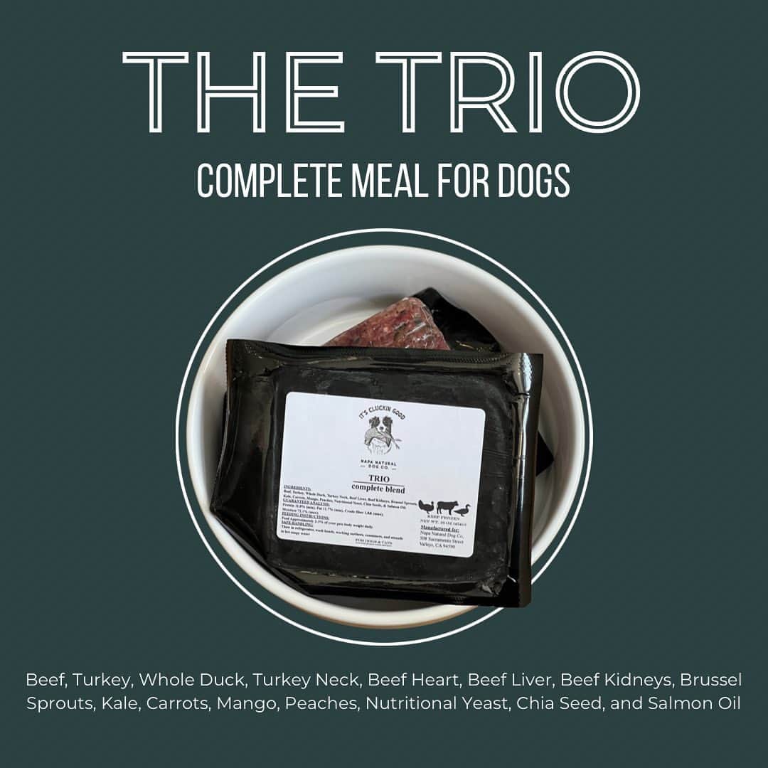 Dogs by Ginaのインスタグラム：「We are excited to introduce our new Complete Meal for dogs: The Trio Blend  This proprietary recipe combines meat, organs, vegetables, and supplements to nourish your dog!  Here’s a breakdown of the powerhouse ingredients:   The trio of beef, turkey, and whole duck provides a diverse range of proteins  Our blend includes beef heart, beef liver, and beef kidneys. These organ meats are believed to support the corresponding organs and provide essential nutrients for vitality and overall health.  The addition of brussels sprouts, kale, carrots, mango, and peaches contributes to the nutritional value of the blend.  We incorporate nutritional yeast, chia seeds, and salmon oil into our blend. These supplements are thought to support immune function, provide energy, enhance digestion, and contribute to a healthy coat and skin.  Our blend follows a balanced ratio of 80% meat, 10% bone, 5% heart, and 5% liver.   We love this blend because it provides the benefits of raw feeding with the convenience of a complete meal!   Sold in 16oz vacuum sealed packages, come in and pick one up today!」