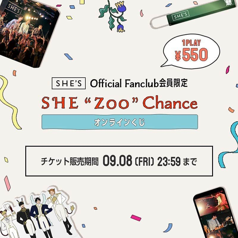 SHE'Sさんのインスタグラム写真 - (SHE'SInstagram)「オフィシャルファンクラブ「SHE“Zoo”」開設5周年を記念して、オンラインくじ「SHE“Zoo”Chance」の実施が決定しました！  ここでしか手に入らないオリジナルアイテムのほか、直筆サイン入り賞品やメンバーとのオンライントーク会参加権など、SHE“Zoo”のアニバーサリーイヤーを盛り上げるスペシャルな内容でご用意しました！ 期間中にぜひご参加ください。  ——  オンラインくじ「SHE“Zoo”Chance」 ▼チケット販売期間 9月1日(金)12:00～9月8日(金)23:59 ▼プレイ期間 9月1日(金)12:00～9月9日(土)23:59 ▼料金 1PLAY ￥550(税込) ▼賞品 A賞：メンバーとのオンライントーク会　<5名様> B賞：直筆サイン入りフォトパネル　<10名様> C賞：直筆サイン入りチェキ　<10名様> D賞：アクリルスタンド/ホテルキーホルダー　<ランダム4種> E賞：マグネットステッカー　<ランダム8種> F賞：待ち受け画像　<ランダム12種>  参加は「SHE”Zoo”」サイトから ※くじの購入にはオフィシャルファンクラブ「SHE"Zoo"」への加入が必要です。  #SHE_S #SHEZoo」9月1日 12時05分 - she_s_official