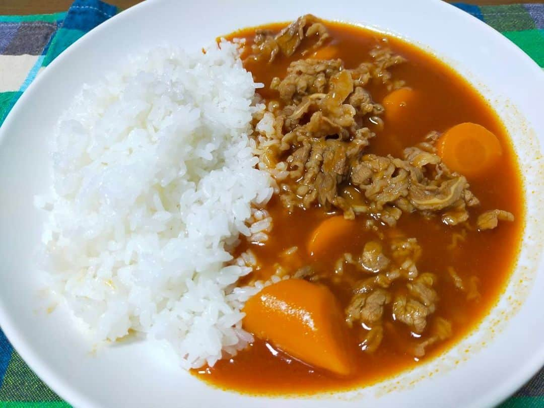 大河壮太のインスタグラム：「夕ご飯  ハヤシライス。 時間なくてチャッチャと作ったら美味しいけど物足りない感じした。  牛肉400g700円 玉ねぎ1個30円 にんじん小4本100円 ハヤシルー130円  2人3食分960円  #夫婦飯 #宮城 #仙台 #移住 #お野菜太郎」