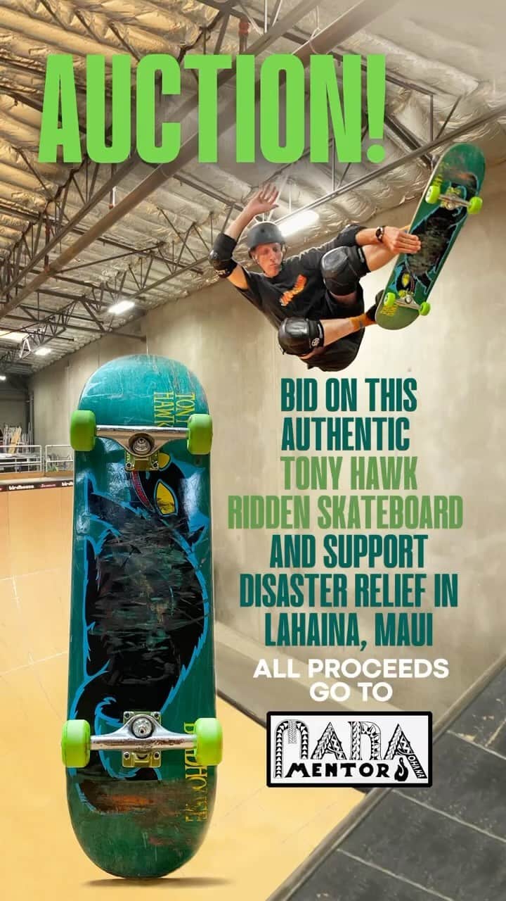 トニー・ホークのインスタグラム：「I’ve been riding this complete on and off during my recovery, and it has treated me well. It is now on the auction block with proceeds going to @manamentors, who are helping Maui locals with disaster relief and will continue to mentor underserved children through skating & surfing programs.  I’m happy to personalize / sign it to the highest bidder, and do a requested trick on it before sending… but no 9’s please. Link in bio 🛹🤙🏽」