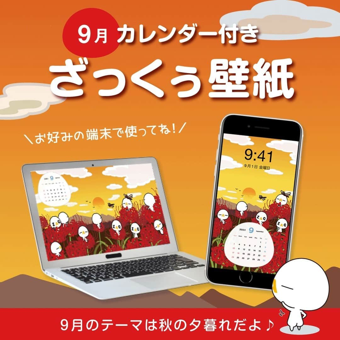 ざっくぅ 公式Instagramのインスタグラム：「ざっくぅカレンダーつき壁紙が登場📢  9月のオリジナル壁紙が無料でダウンロードできるよ✨  真っ赤な夕日と真っ赤なお花で、ざっくぅたちも秋を満喫🍁  詳しくは、プロフィールから公式サイトへ💛 毎月新しい壁紙が登場するのでお楽しみに🎶  #ざっくぅ #ざっくぅ大好き #ざっくぅ写真部 #JCOM #壁紙 #カレンダー #ロック画面 #待ち受け #9月 #秋 #夕暮れ #秋晴れ #夕焼け #紅葉」