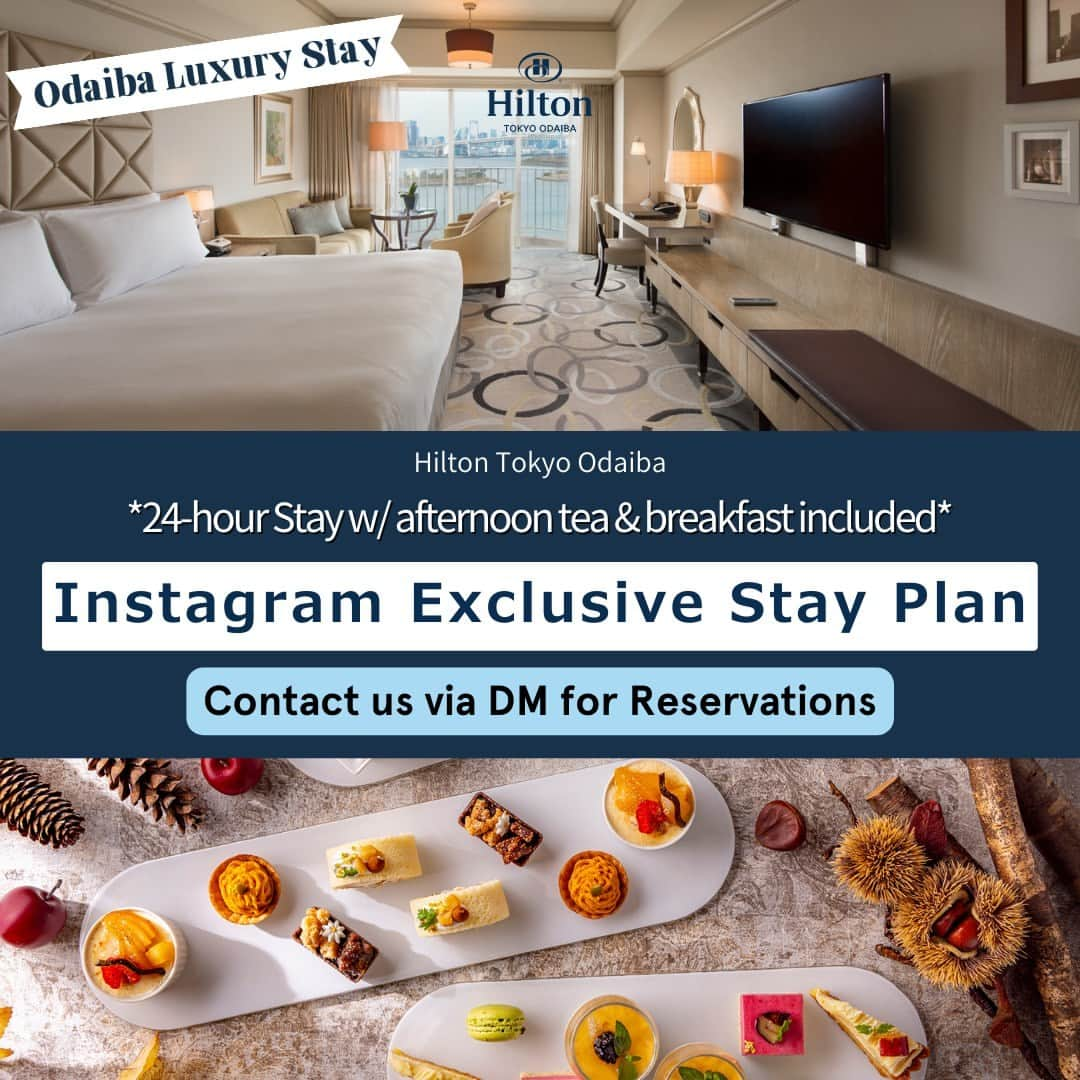 Hilton Tokyo Odaiba ヒルトン東京お台場のインスタグラム：「**Please make an reservation via DM**  Hilton Tokyo Odaiba launches an exclusive stay plan for our Instagram followers: "Weekday Exclusive: 24-hour Stay & Afternoon Tea & Breakfast Included – Odaiba Luxury Stay"✨  From the comments we received from our followers about their ideal stay plans, we've crafted an experience based on the most requested features, along with special rates.  Indulge in a full 24-hour stay and room-served afternoon tea, a perfect treat for yourself 🌿  ■Duration: - Booking Period: September 1 (Fri), 2023 – October 20 (Fri), 2023 - Stay Period: September 4 (Mon), 2023 – October 23 (Mon), 2023 ※Valid for weekday stays only (Check-in from Monday to Friday, Check-out by Saturday) ※Not applicable for stays on Saturday, Sunday, the day before a public holiday, or public holidays.  ■Plan Benefits: - Enjoy a 24-hour stay  (Check-in from 14:00 / Check-out by 14:00) - Seasonal afternoon tea set delivered to your room as room service - Guaranteed *Superior Deluxe Room (40㎡) - Breakfast at the restaurant  ▶︎Please contact us via DM for Reservations.  #HiltonTokyoOdaiba #hiltontokyoodaiba」