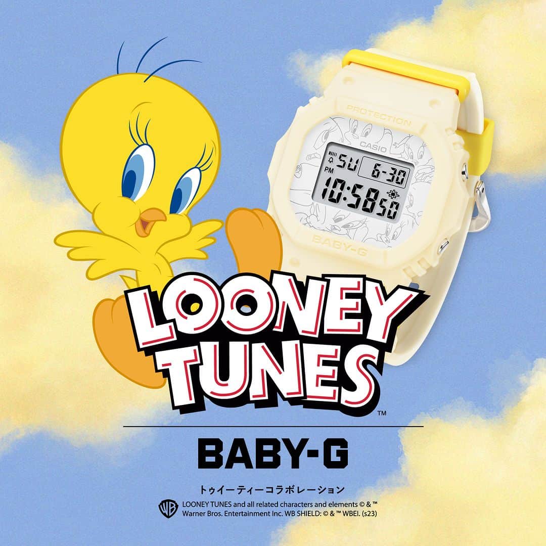 ルーニー・テューンズ公式のインスタグラム：「💛⌚#トゥイーティー がBABY-Gとコラボ⌚💛  人気のデジタル時計BGD-565のフェイスや裏蓋、 ライトにトゥイーティーの愛くるしい姿が散りばめられた特別モデル🐣  着けやすいレトロカラーもポイント✨ 本日より発売開始です❕  #ルーニーテューンズ #babyg #tweety @babyg_jp」