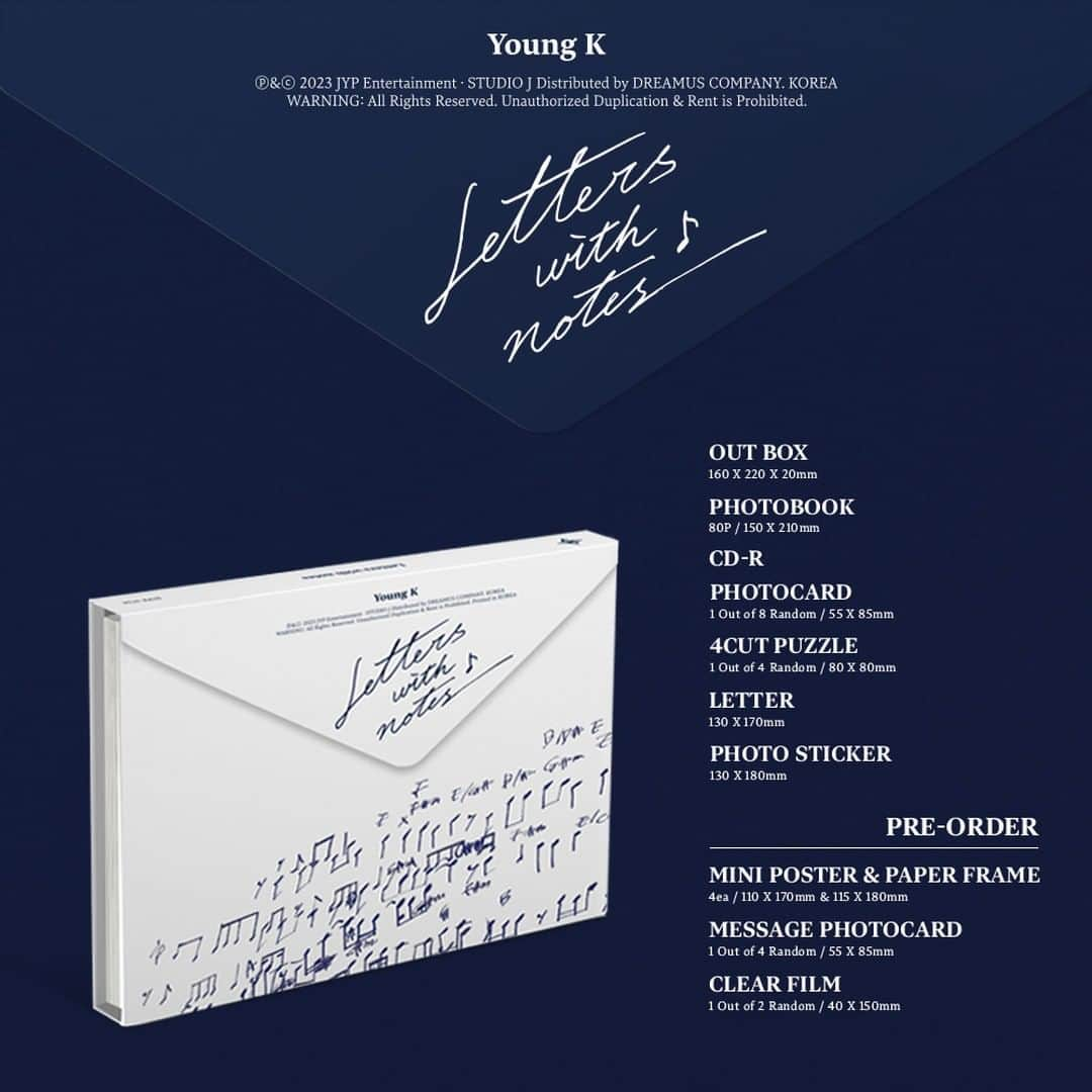 DAY6さんのインスタグラム写真 - (DAY6Instagram)「ㅤ Young K 1st Full Album <Letters with notes>  Album User Guide & Pre-Order  💿STANDARD ver.   ALBUM RELEASE 🔽 2023.09.04 6PM (KST) 🎼 TITLE "이것밖에는 없다"  #DAY6 #데이식스 #YoungK #Letters_with_notes #이것밖에는_없다 #JYP  @from_youngk」9月1日 13時29分 - day6kilogram