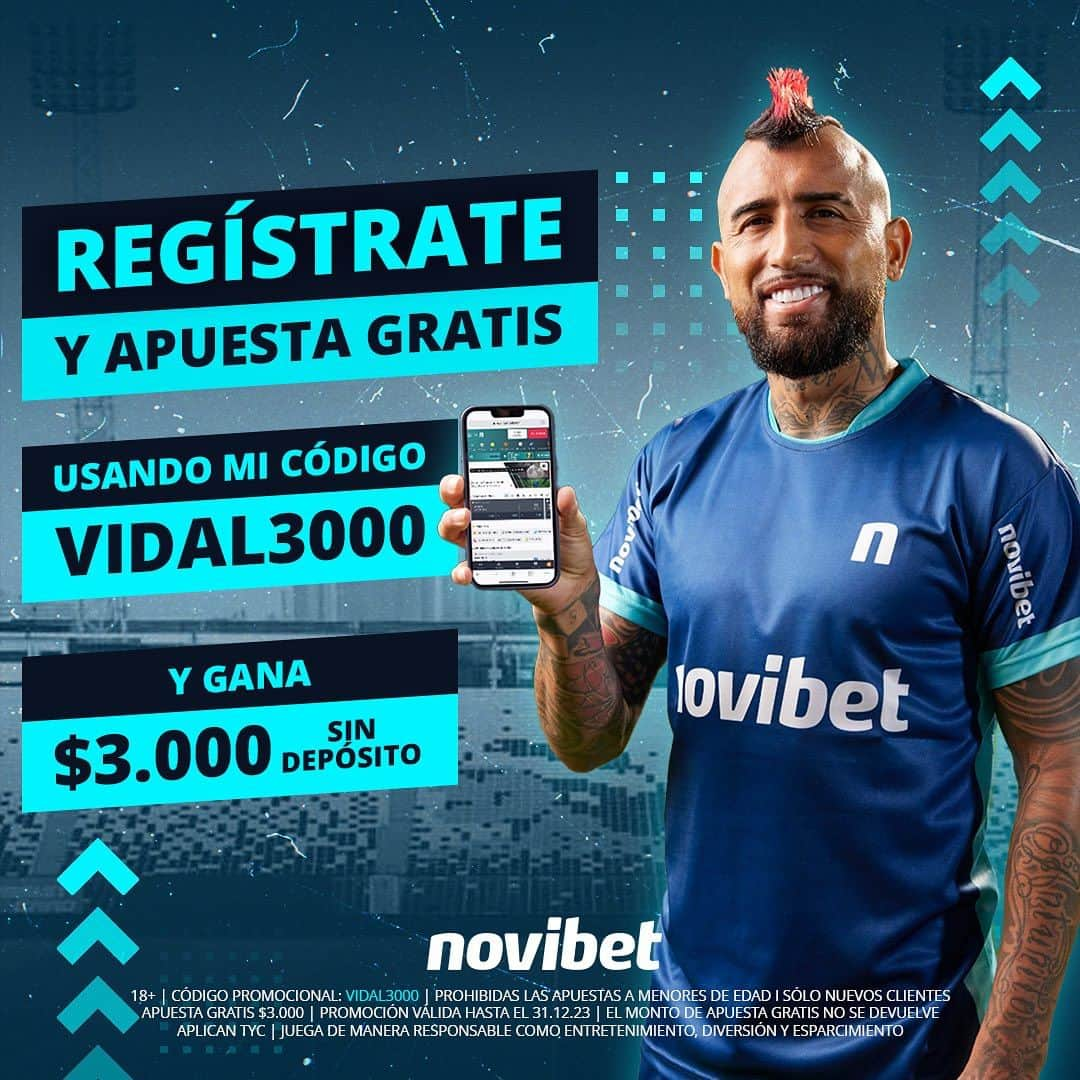 アルトゥーロ・ビダルのインスタグラム：「Mi patrocinador, @novibet_chile tiene una gran promoción para todos nuestros seguidores.  Regístrate hoy en Novibet, ingresa el código VIDAL3000 y recibe $3000 para tu primera apuesta en deportes ⚽🏀🥎  Novibet, juega en la nueva era 💯  *El bono será recibido en las horas siguientes al registro.」