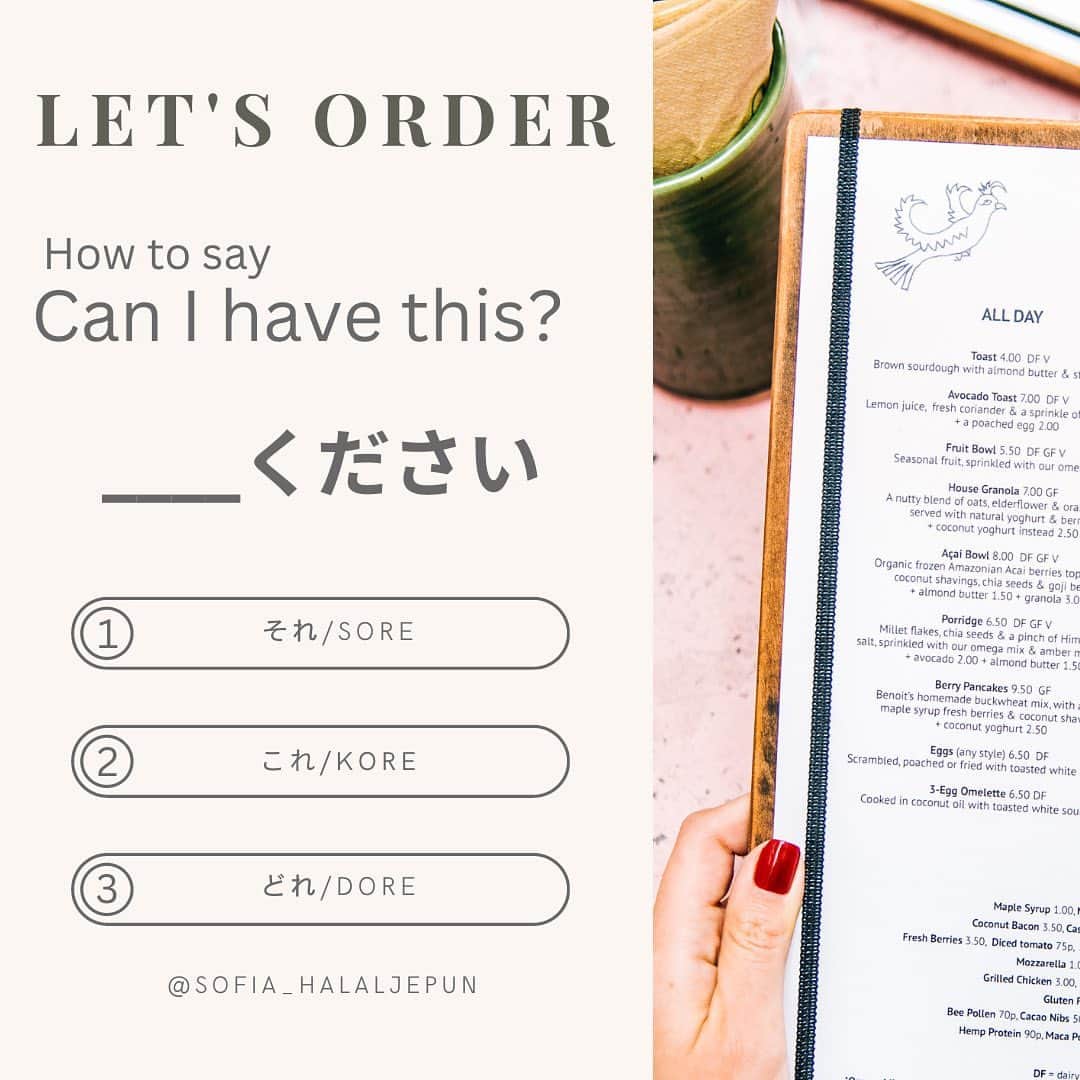 sunaさんのインスタグラム写真 - (sunaInstagram)「Let's learn how to order at Japanese restaurant! . . ✴︎✴︎✴︎✴︎✴︎✴︎✴︎✴︎✴︎✴︎✴︎✴︎✴︎✴︎✴︎✴︎✴︎✴︎✴︎✴︎✴︎✴︎✴︎✴︎ このアカウントでは、改宗ムスリマSofiaがイスラムと日本文化を楽しく学ぶ方法を発信しています。  On this account, Sofia, a Muslim convert posts information regarding islam and Japanese culture.  Don't forget to LIKE, SAVE, and FOLLOW! @sofia_halaljepun  ✴︎✴︎✴︎✴︎✴︎✴︎✴︎✴︎✴︎✴︎✴︎✴︎✴︎✴︎✴︎✴︎✴︎✴︎✴︎✴︎✴︎✴︎✴︎✴︎ . . #japaneseculture #learningjapanese🇯🇵 #bahasajepun #nohongobenkyou #japaneseinmalaysia #japanesegirl #malaysiatiktokers #japanesetiktok🇯🇵🇯🇵 #muslimtiktokers #japanesemuslimah #orangjepun #indonesia #japanese #malaysia #bahasajepang #jepang #japan #bahasajepa #anime #wibu #日本語  #日本語勉強  #japaneseteacher  #cakapjepun  #nihongojapanese」9月1日 17時12分 - sofia_muslimjapan