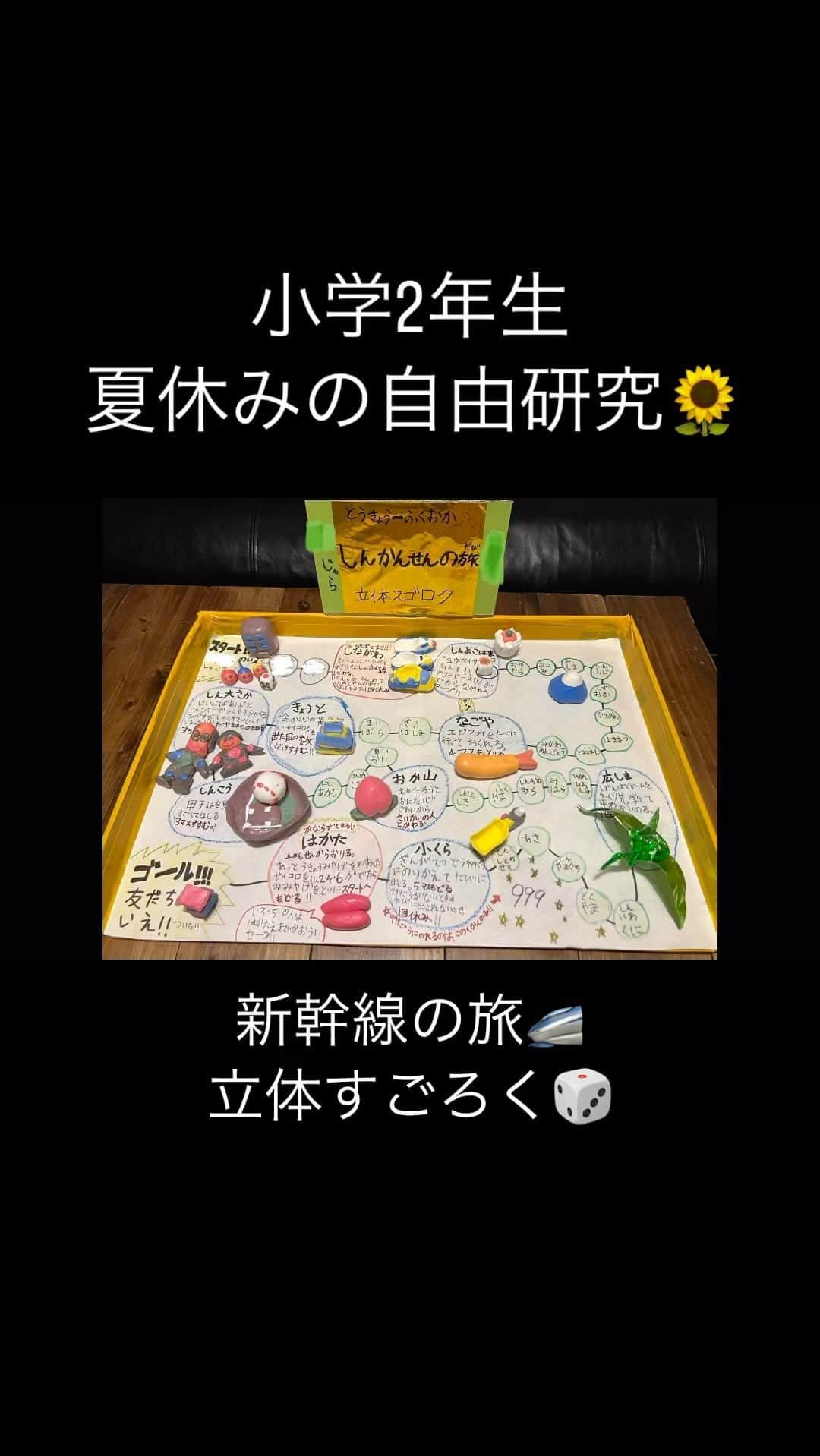 ニーコのインスタグラム：「夏休みに福岡へ行った時、諸事情で飛行機ではなく新幹線移動しました🚄5時間の旅‼︎ そして台風の後で品川駅で1時間半待機！😂 そんな色んな思い出を自由研究で立体すごろくにしたよ🩵  #夏休みの宿題 #夏休みの思い出 #夏休み工作 #自由研究 #立体すごろく#小学2年生 #息子」