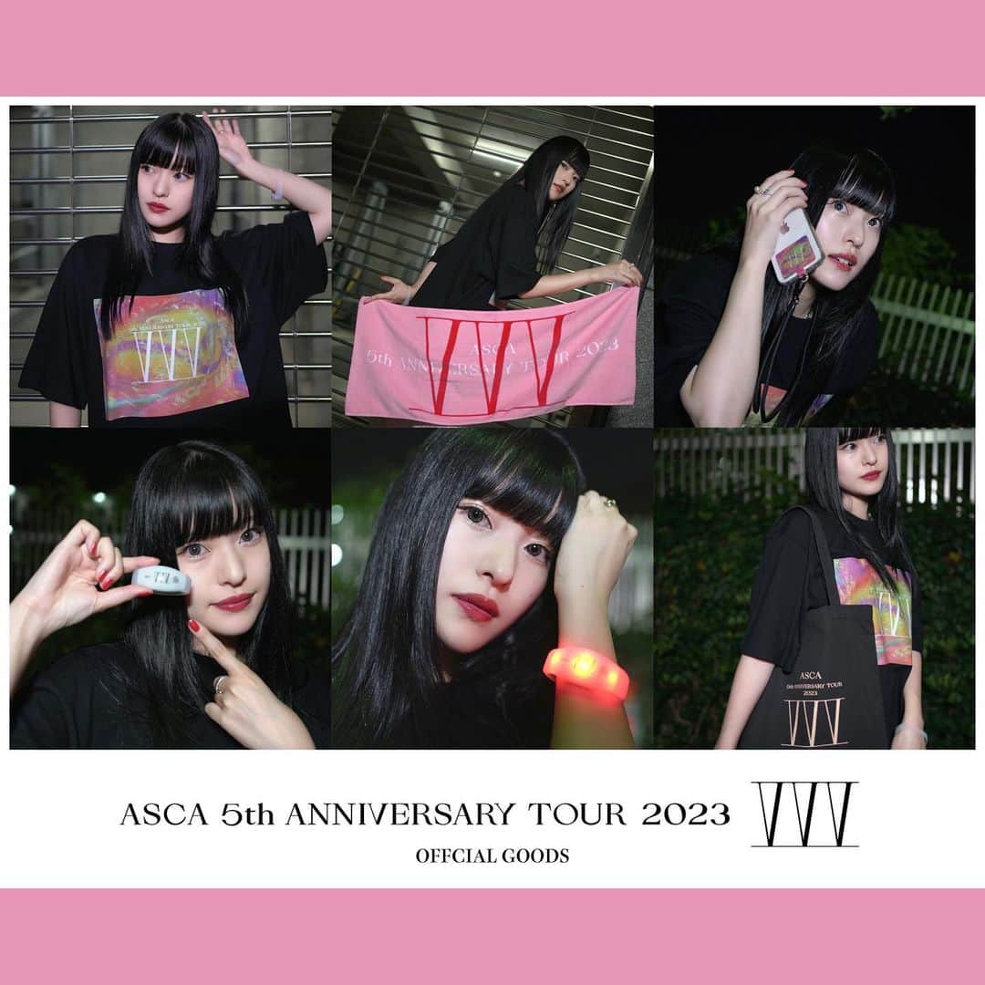 ASCAのインスタグラム：「新しいグッズをお披露目です🪅🪅🪅  ／ ASCA 5th ANNIVERSARY TOUR 2023 -VVV-  OFFICIAL GOODS🪅 ＼  ツアー初日の9/9(土)大阪公演より販売スタートしますっ。 販売時間の詳細は追ってお知らせするね。  画像のTシャツ着用サイズはXLだよ。 こんなにカラフルなデザインは初めて。 5周年ラストのツアーにふさわしい豊かな色彩! 全部好き。全部欲しい。 初めて作ったスマホストラップつけるために透明のケース買った。 あと光るリストバンドも初めて作ってみたよ。 これつけてみんながJump!!! するところ見たいの。 一緒に新しいライブ作ろう🪩  それと、 前回ワンマンから登場したオリジナルキャラクターの アスゴンに早くも新しい仲間が増えましたっ 5周年ver.を作って貰ったよ👀  Vな耳、ビビットなマイク、ふわふわな髪、 可愛いが過ぎて初代アスゴンと一緒に スマホケースに入れるってもう決めてるんだ。 今回も快く書き下ろしてくれた 提供わたし。さんありがとうございます!  #ASCA_VVV #ASCA #asca_jp #sacramusic #goodmusic #music #newrelease #newmusic #photography #photooftheday#portraitgames #earth_portraits #moodygrams #vscoportrait #fashion #japan #anime #anisong #Spotify #Applemusic #LINEMUSIC #portraitpage #EDENSZERO」