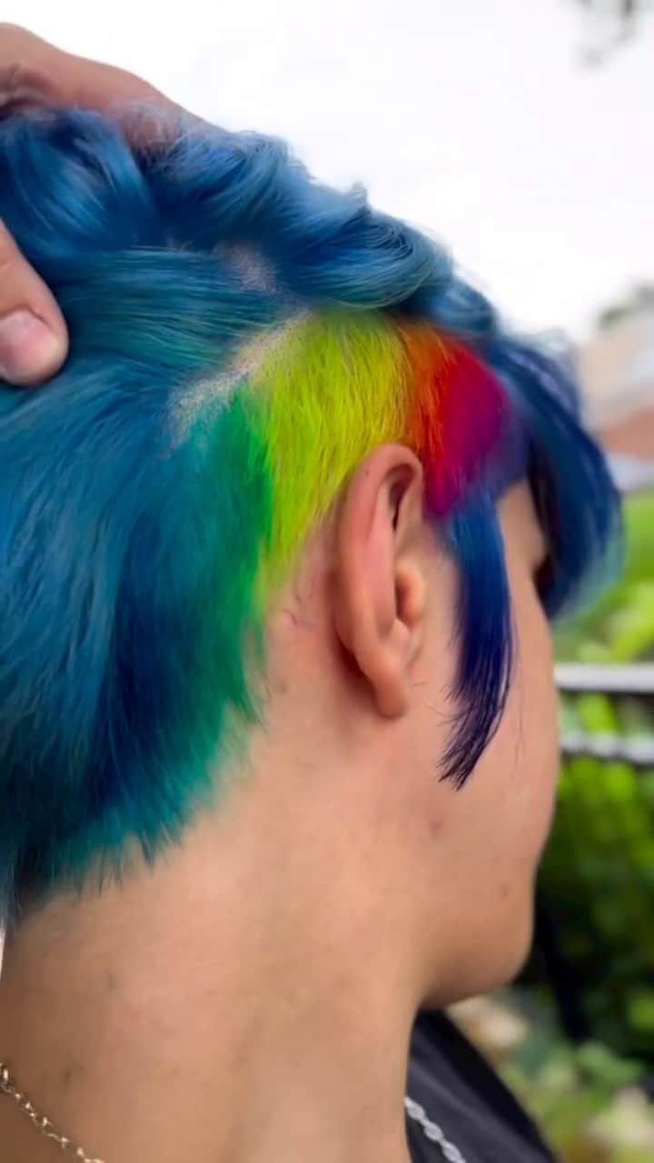 CosmoProf Beautyのインスタグラム：「Let your creativity soar with @DangerJonesCreative.  @HairByAlannahLarson used @DangerJonesCreative Solitude and Libertine for the deep blue roots and Poolside, Vertigo, and Solitude for the lighter ends.   For the rainbow, @HairByAlannahLarson used: 🩷 Hustler + Lovesick 🧡 Burnout + Starrider 💛 Raygun 💚 Adrenaline 💙 Vertigo 💜 Exotica + Libertine  How do you use Danger Jones?? Tag us in your Danger Jones content and if you're a #VividHairStylist, you won't want to miss Color The World 2023. More details in our bio!  #CosmoProf #DangerJonesCreative #VividHair #VividHairDesign #RainbowHair #BehindTheChairStylist」