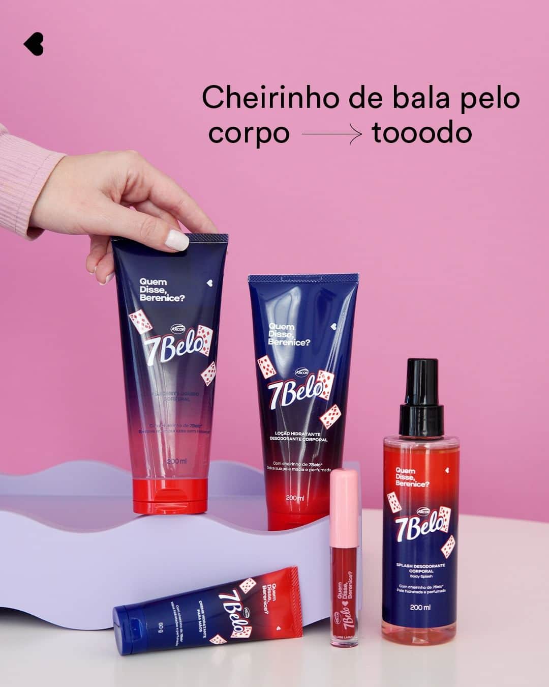 quem disse, berenice?のインスタグラム：「eu duvido vc encontrar uma linha de produtos corporais mais deliciosa do que a minha 7Belo. não tem jeito, esse cheirinho docinho é a elite, ainda mais com esse super lançamento do sabonete líquido. bora experimentar? 🍬   #PraTodosVerem: o post é único com o fundo rosa e os produtos da linha 7Belo em cima de uma mesa com o texto: "Cheirinho de bala pelo corpo tooodo". Fim da descrição.」
