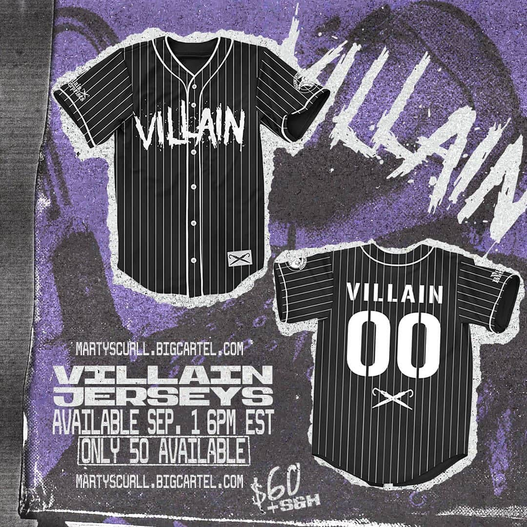 マーティ・スカルのインスタグラム：「🚨TODAY!🚨  Villain jerseys go live at 6pm EST.   Only 50 available!  Small all the way up to 4XL.  Good luck…  Martyscurll.bigcartel.com ☔️」