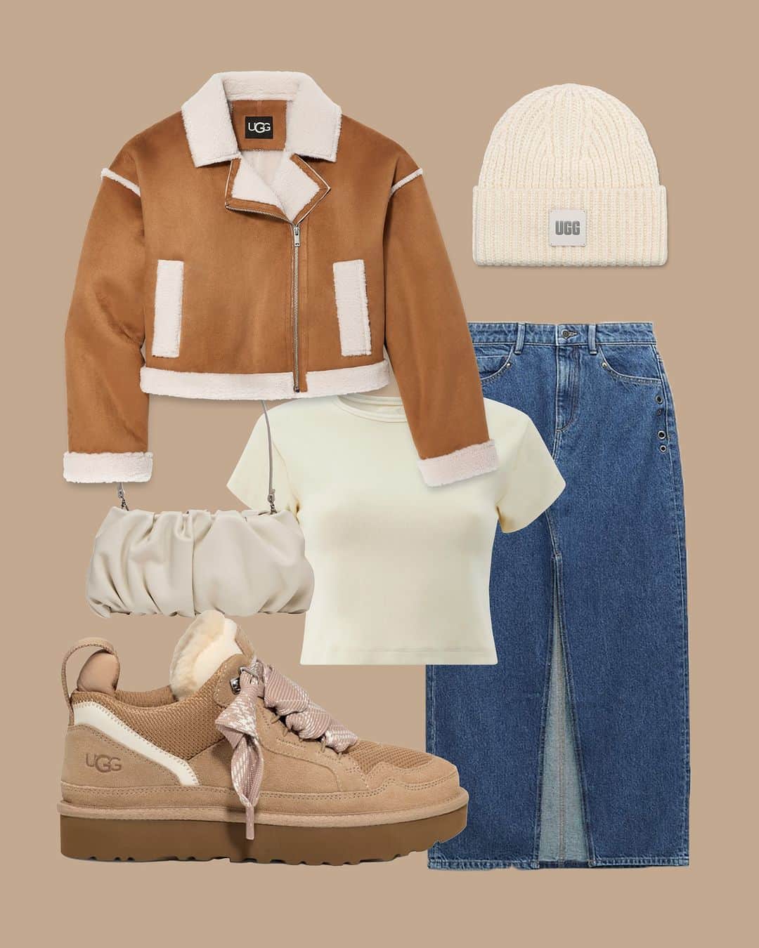 アグのインスタグラム：「The Lowmel is going to places this fall. Which outfit are you wearing?   Outfit 1  ✨ Takara LuxeFluff Short Jacket  ✨ Chunky Rib Beanie in Nimbus  ✨ Lowmel in Sand  Outfit 2 ✨ Tasman Crew Sock in Black  ✨ Lowmel in Black  Outfit 3 ✨ Chunky Rib Beanie in Light Grey  ✨ Tyla Slouchy Crew Sock in Nimbus  ✨ Tasman Varsity Jacket in Cream/Chestnut  ✨ Lowmel in Moss Green  #UGG #FeelsLikeUGG #NewArrivals」