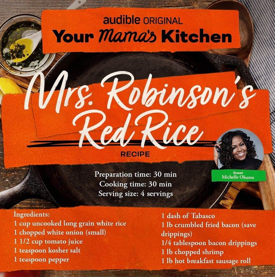 ミシェル・オバマのインスタグラム：「I recently joined my friend @Michele__Norris on Your Mama’s Kitchen, her new podcast from @HigherGroundMedia. In it, she explores the way rich histories, cultures, and memories can be developed right at home at our kitchen tables.  During our conversation, I talked about how nothing tastes more like home to me than my mother’s red rice — a recipe she learned from my paternal grandmother. It’s full of flavor and easy to make in large batches, and it’s the perfect dish for a picnic or BBQ! I could not be more excited to share it with you all ahead of the holiday weekend.   If you end up trying it, let me know what you think. And be sure to tune into future episodes of Your Mama’s Kitchen podcast to learn more fun, and meaningful, recipes like this one. Listen now wherever you get your podcasts.」