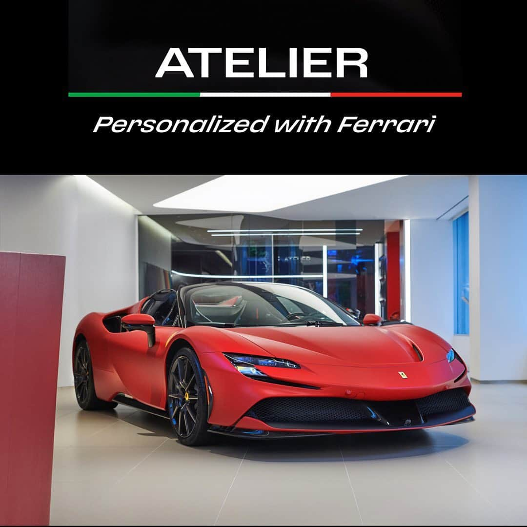 Ferrari USAのインスタグラム：「An Atelier creation inspired by the single-seater Ferrari F1-75, this Ferrari SF90 Spider Assetto Fiorano features a Rosso F1 2022 exterior, with an interior in Nero Alcantara and seat inserts in Rosso Fx Alcantara. The sporty design is finished with an Airbrushed Scuderia Shield and tricolore details.  #Ferrari #FerrariSF90Spider #AssettoFiorano #FerrariFriday #Details」