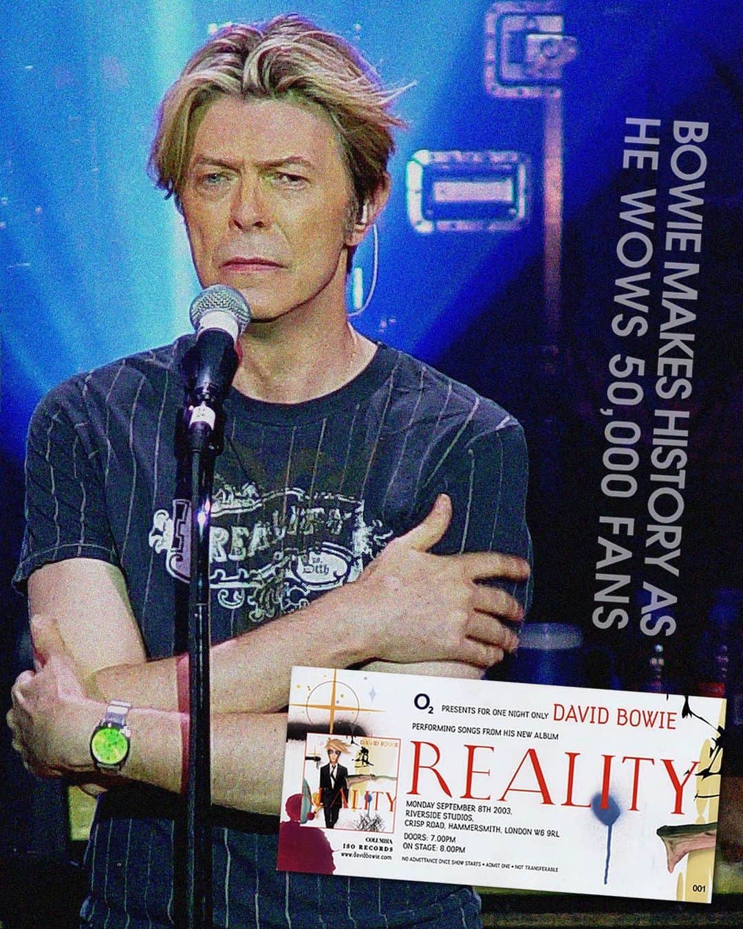 デヴィッド・ボウイのインスタグラム：「WHERE WERE YOU ON 8TH SEPTEMBER 2003?  “Welcome to Reality...”  Next Friday the 8th September sees the 20th anniversary of Bowie’s live Reality album showcase in London and broadcast to cinemas around the globe.  Were you at the show at Hammersmith’s Riverside or did you watch it at a cinema? Tell us about it in comments.  #RealityAtRiverside」
