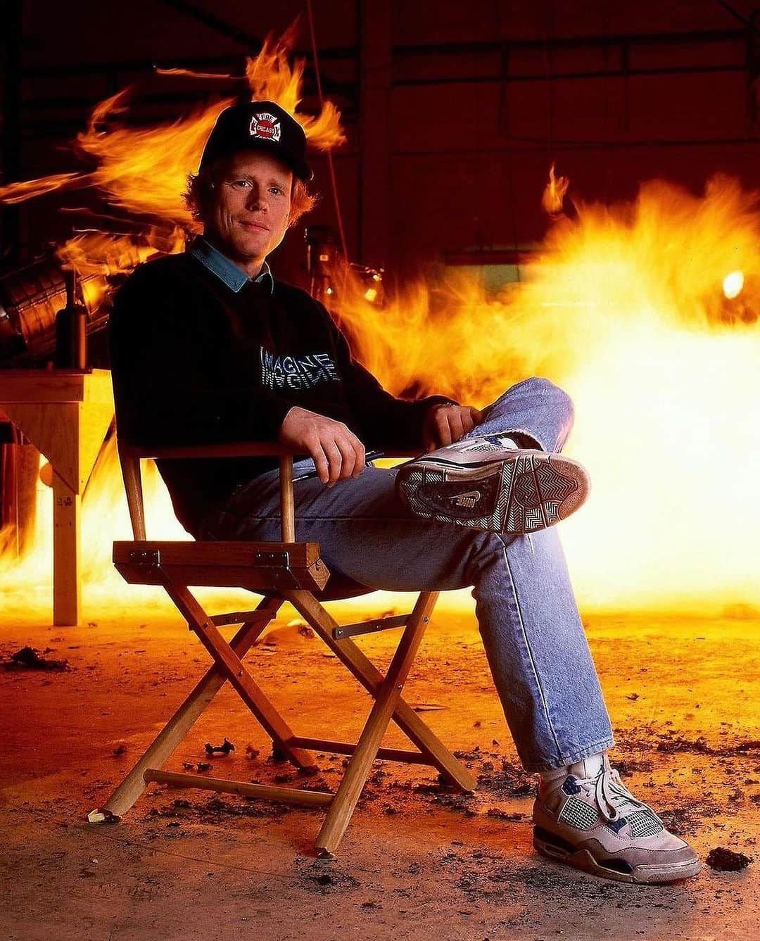 ロン・ハワードのインスタグラム：「@realronhoward rocking Jordan 4s on the set of Backdraft 🔥  — swipe left ➡️ —  it's a look we are trying to bring back to the office -- still 🔥」