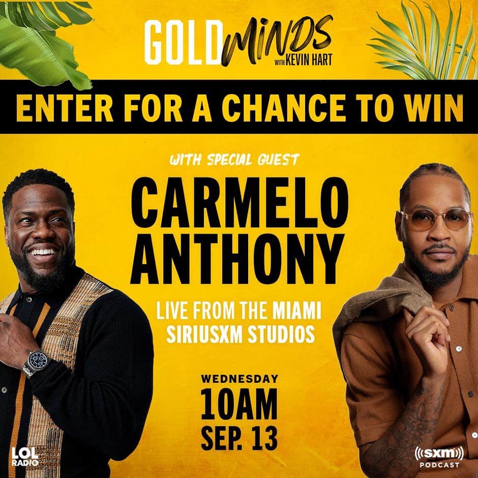 ケビン・ハートのインスタグラム：「We have YOUR chance to attend a special taping of Gold Minds on September 13th featuring special guests @carmeloanthony and @pitbull at the @SiriusXM Miami Studios. If you’ll be in the Miami area on 9/13, visit www.siriusxm.com/goldmindsmiamievents for your chance to enter to attend one of these special events. No transportation is included. One event entry per person. U.S./18+. #GoldMinds」