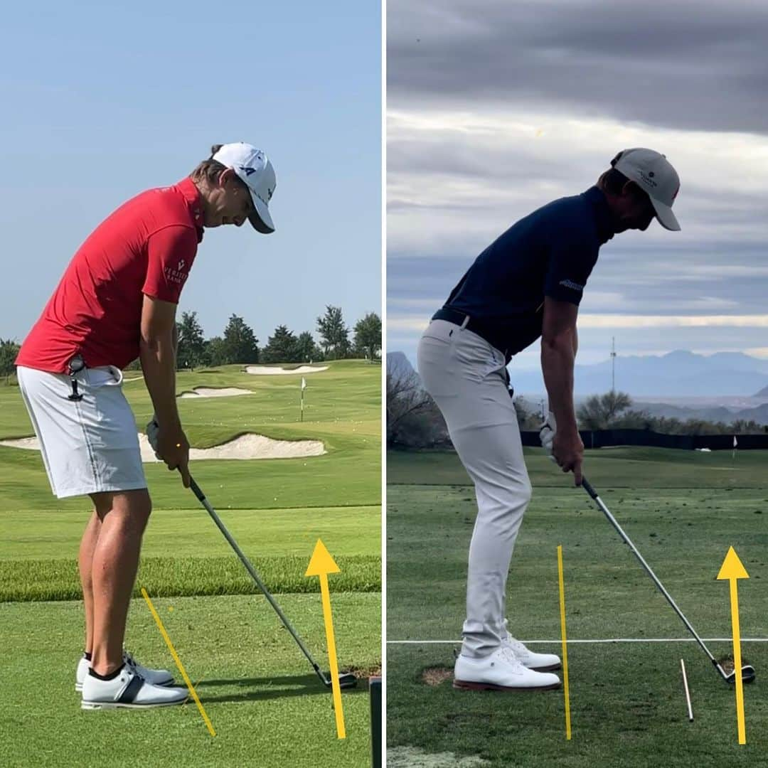 カルロス・オルティスのインスタグラム：「Cambios Carlos Ortiz después de un año … ( izquierda hace un año , foto derecha actual )  @carlosortizgolf 🇲🇽  1. Postura y alineación: se trabajó mucho en apuntar de manera eficiente, sobre todo para el cambio técnico que teníamos que realizar respecto a su plano de swing. También se le ve una postura más atlética y ordenada.  2. Sacada de palo: Se trabajo en la sacada del palo, Carlos sacaba con mucha rotación de brazos y desconectando sus brazos del cuerpo para que su palo no se vaya por dentro del plano. Para mi gusto era una manera equivocada de mantener el palo por el frente del cuerpo. También pueden ver la cara mas cuadrada producto de la eliminación de rotación en sus antebrazos.   3. Tope de backswing: se le dio más verticalidad para así poder achatar más eficiente el palo y desenvolverse mejor en la bajada. Carlos en vez de achatar producía un loop con sus brazos, muy peligroso a la hora de pegar fade como buscaba él.   4. Acá pueden ver como su cuerpo viene girando mejor , cuerpo más abierto , palo más chato y mas espacio entre sus manos y cuerpo. Minimizando la posibilidad de quedarse trabado como le pasaba anteriormente.  5. Impacto: Se trabajó mucho en mantener los ángulos del cuerpo a través del golpe. La línea blanca es donde parte su cabeza y la amarilla donde está en el impacto. Los mejores pagadores del mundo están más abajo de donde inician en el impacto.  6. Acá pueden ver cómo mantiene mejor los ángulos a través del golpe y sus brazos trabajan mas conectados.  7. Finish: acá está la muestra final de un swing conectado y en control.  #disfrutandoelproceso #disciplina #actitud #inchbyinch #hardworker」