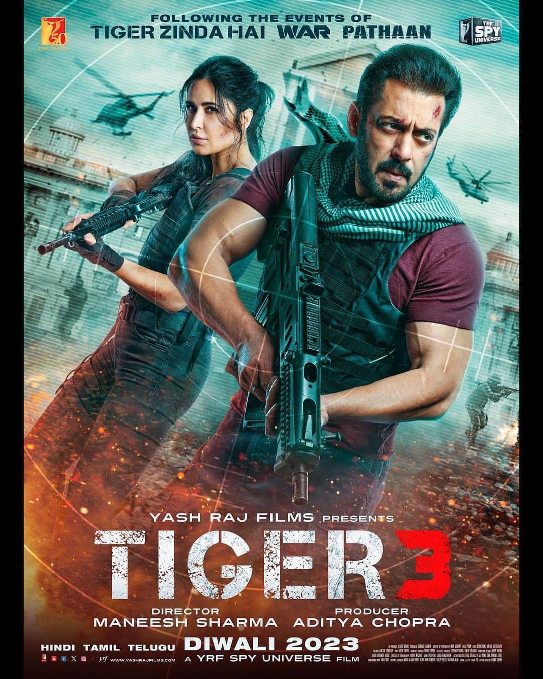 サルマン・カーンのインスタグラム：「Aa raha hoon! #Tiger3 on Diwali 2023. Celebrate #Tiger3 with #YRF50 only at a big screen near you. Releasing in Hindi, Tamil and Telugu. @katrinakaif | #ManeeshSharma | @yrf」