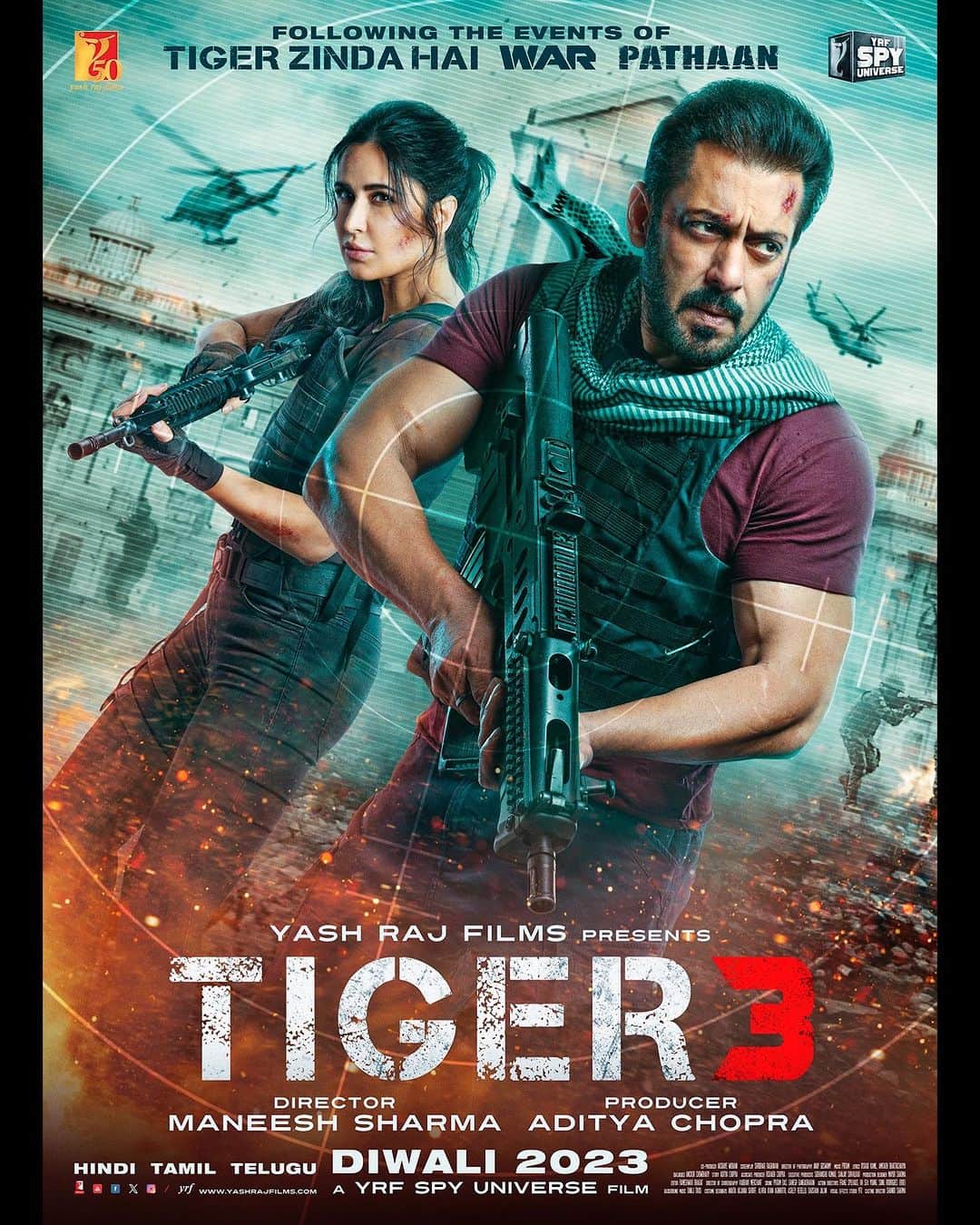 カトリーナ・カイフのインスタグラム：「No limits. No Fear. No turning back.   #Tiger3 in theatres this Diwali. 💫   Celebrate #Tiger3 with #YRF50 only at a big screen near you.   Releasing in Hindi, Tamil and Telugu. @beingsalmankhan | #ManeeshSharma | @yrf」