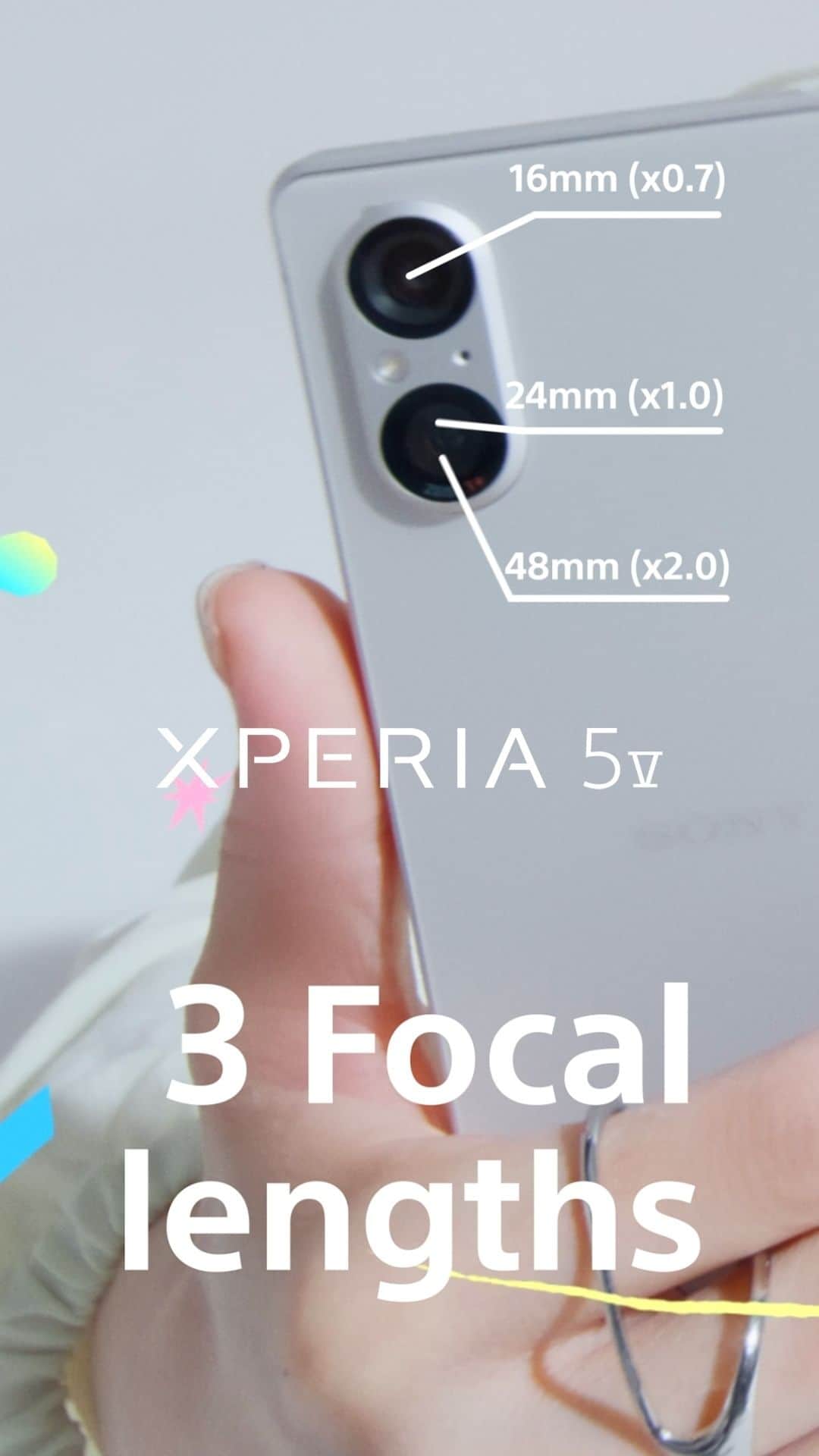 Sony Mobileのインスタグラム：「Enjoy two lenses with three focal lengths (16mm, 24mm and 48mm) on #Xperia5V. With 48mm the equivalent of a 2x optical focal lens, zoom into your subjects without compromising on image quality.   #Sony #Xperia #SonyXperia #NextGenSensor #NewPhoneNewMe #3in2」